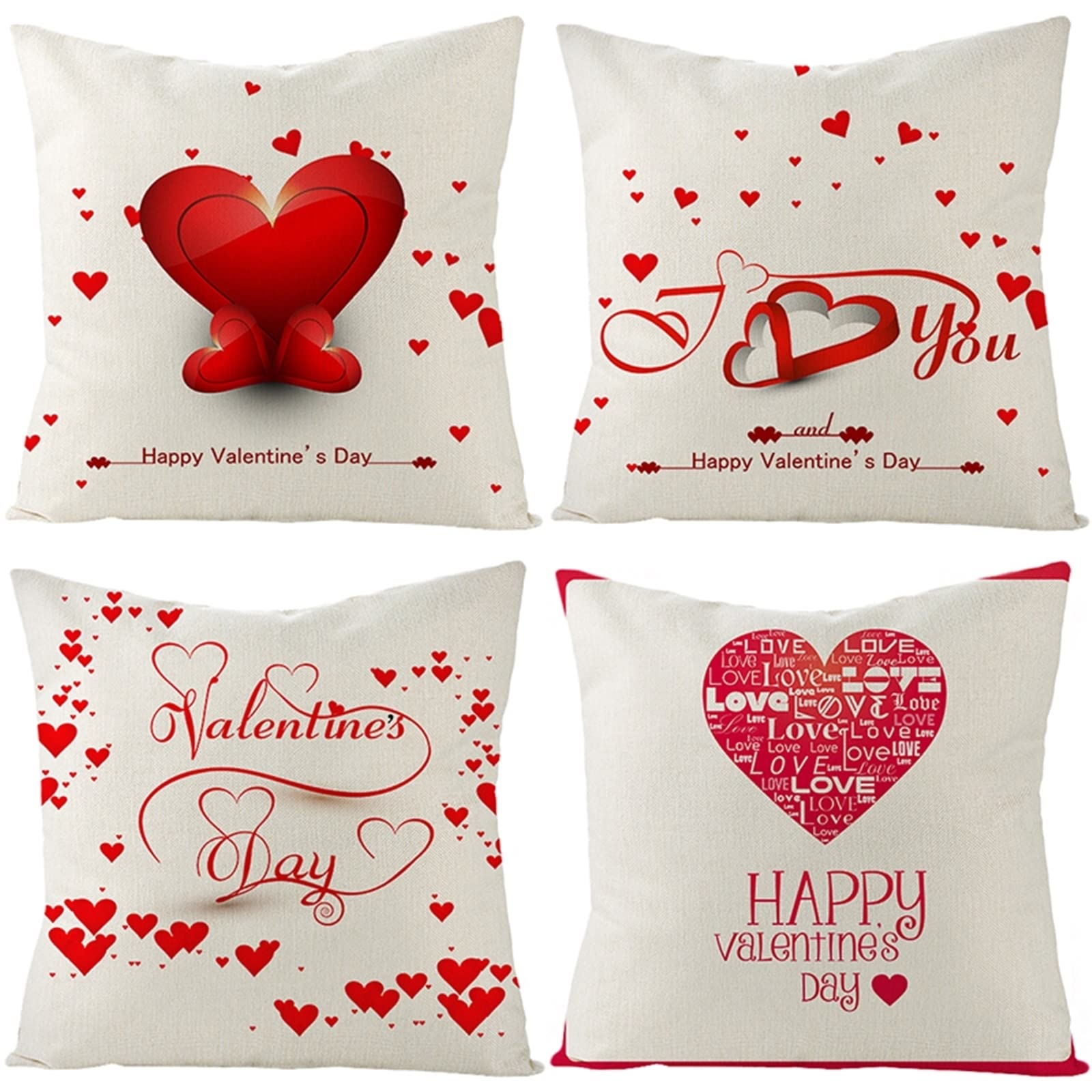 4 fundas de almohada de algodón de 50 x 50 cm, funda de cojín decorativa blanca y roja feliz día de San Valentín, fundas de cojín de lino para sala de estar, sofá dormitorio