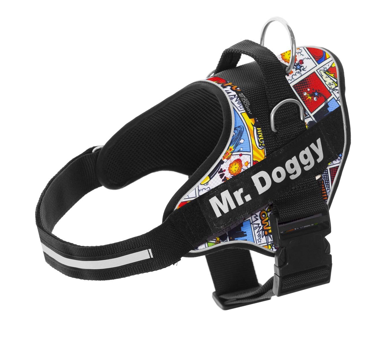 Arnés Personalizado para Perros - Arnés para Perros Reflectante y Seguro - Incluye 2 Etiquetas con Nombre - Tamaño Pequeño, Mediano y Grande - De Calidad y Resistente (XL 30-45KG, Cómic)