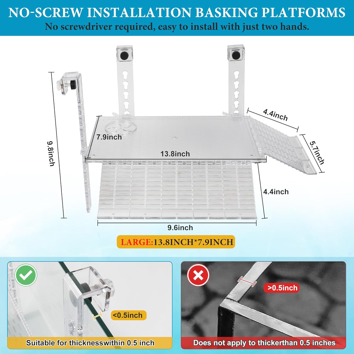 Easy Mount Adjustable Hanging Turtle Basking Platform,Multifunctional Acrylic Turtle Dock with Freely Installable Climbing Ramps for Thick Tank Salamander Frog Turtles Tank 13.8x7.9 Inch