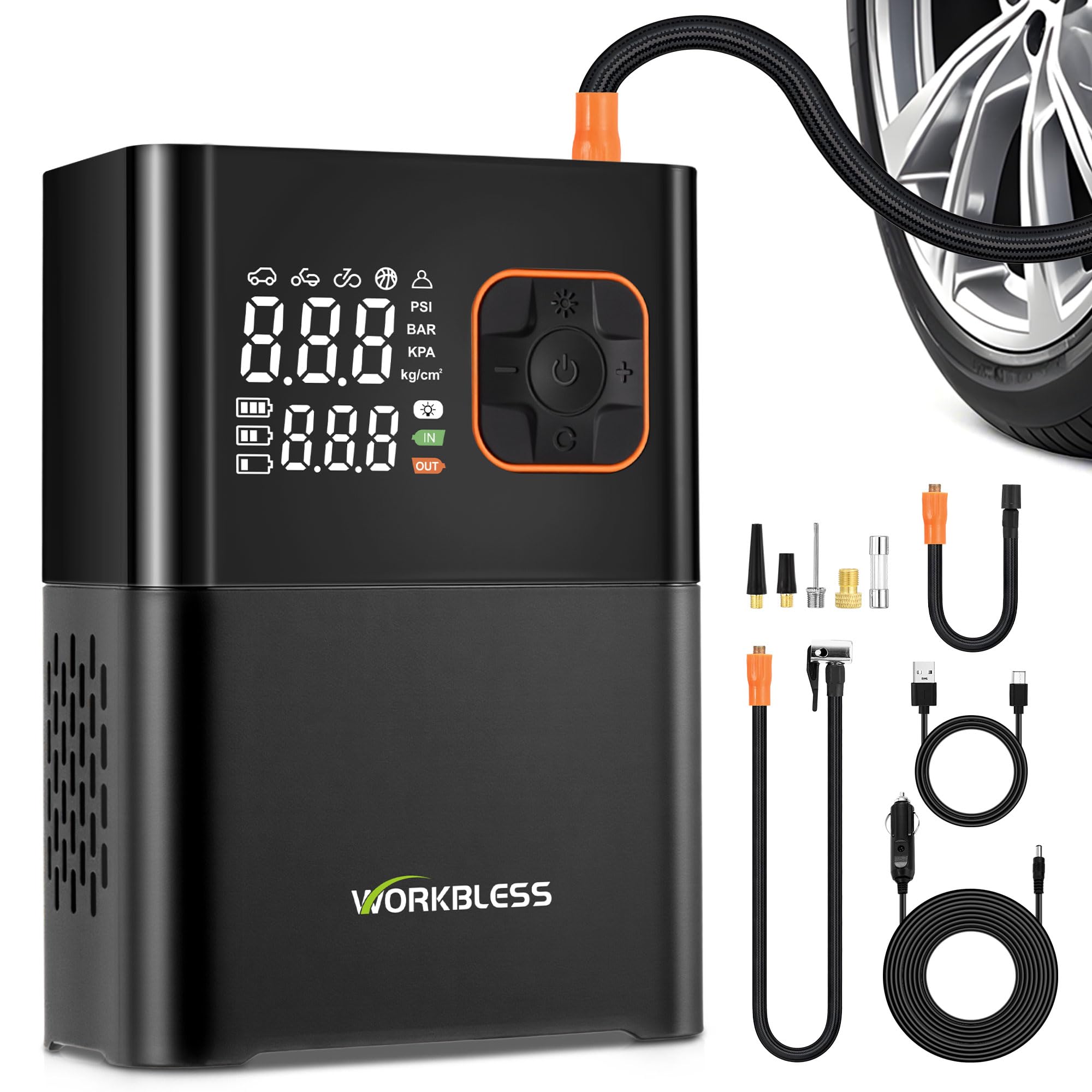WorkBless Tire Inflator Portable Air Compressor, 150 PSI Car Tires Air Pump, Bike Pump with Digital Dual Values Display, LED Lights, Automatic Shut Off for Cars, Motorcycles, Bikes, Balls