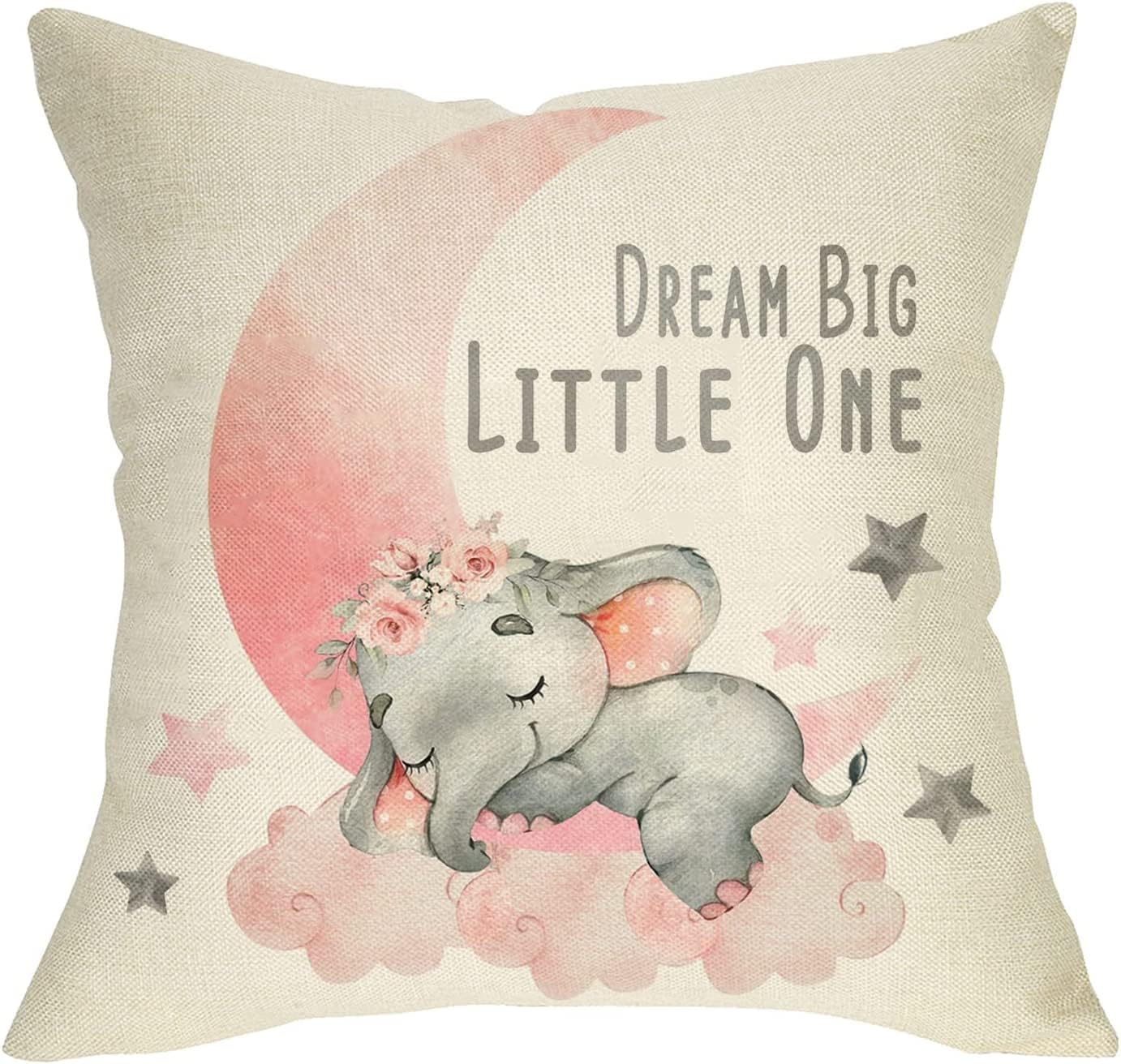 Elephant Dream Big Little One Home Decorative Throw Pillow Cover, Pink Moon Cloud Cushion Case 16x16 for Girl Kid Bedroom Nursery Sofa Couch Decor Inspirational Quote Baby Shower Decoration Gift