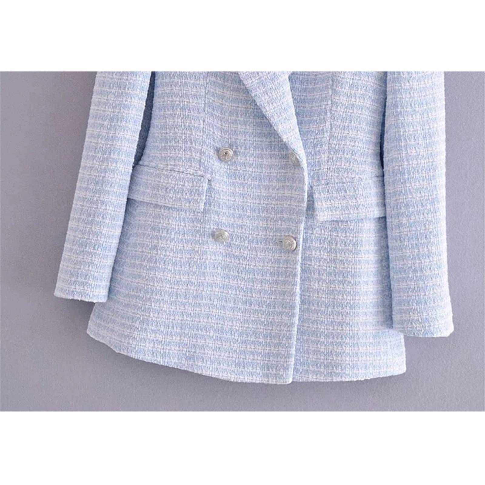 Donne Moda Doppio Petto Tweed Check Blazer Cappotto Vintage Manica Lunga Tasche Giacche Femminili