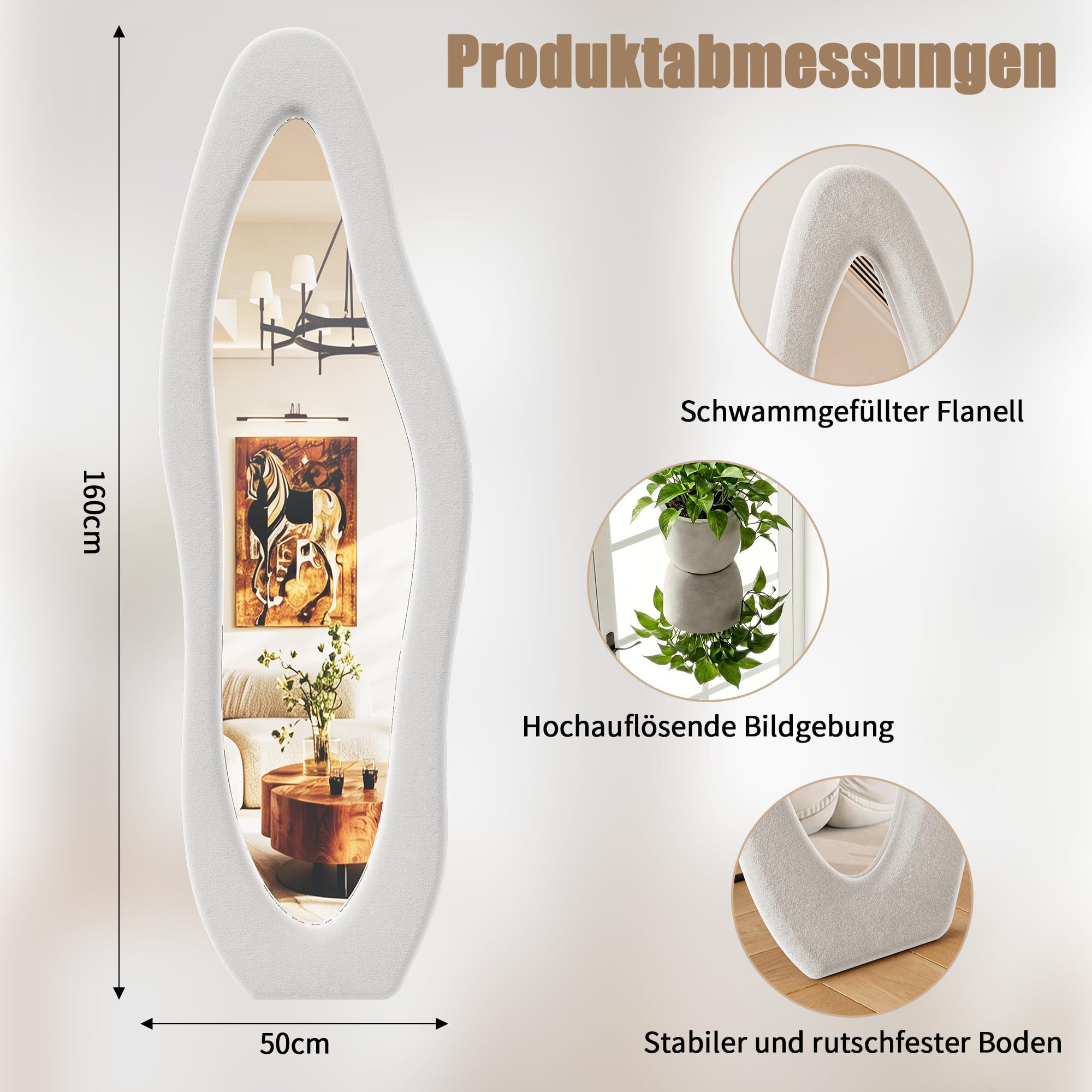Miroir intégral 160 x 50 cm, asymétrique ondulé avec cadre en flanelle blanche, debout, suspendu, incliné, grand miroir mural pour chambre à coucher, dressing, salon
