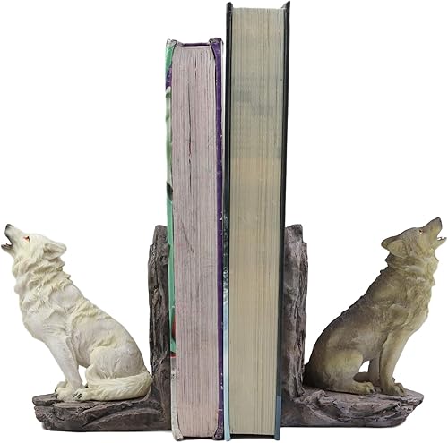 Ebros - Juego de figuras decorativas con sujetalibros de animales de 5.5 pulgadas de alto como lobo de madera o lobo para biblioteca, estantes de