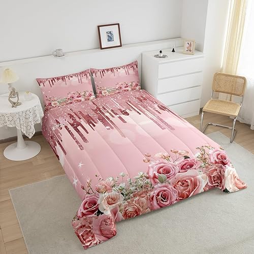 Miniatura 4 de Manfei Juego de edredón con purpurina rosa para niños, tamaño matrimonial, juego de ropa de cama con estampado floral de flores rosas y blancas de 3