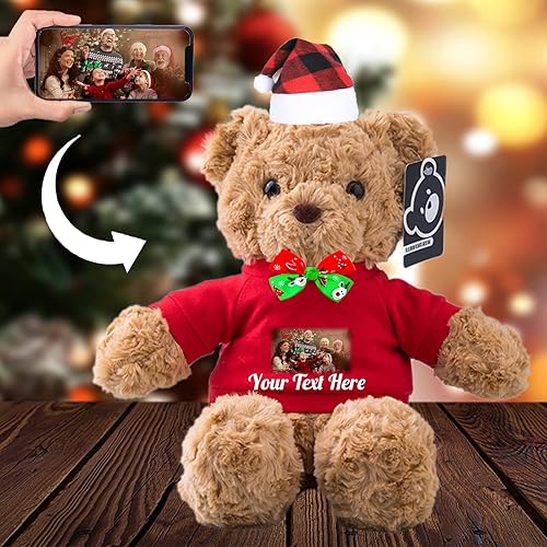 Oso de peluche navideño con imagen + bendición o texto personalizado, con sombrero y lazo de Navidad, regalo personalizado de Navidad para