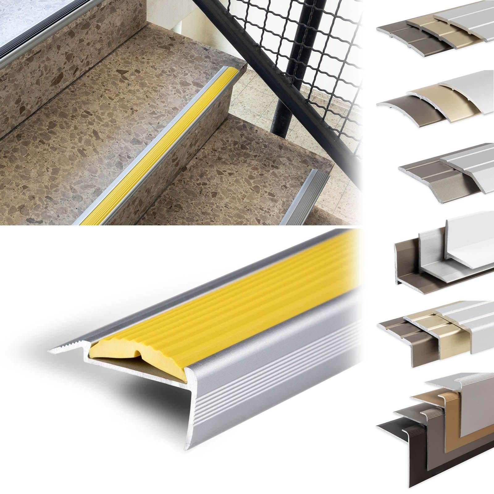 KARAT Stair Nosing Profiles Aluminium Non-Slip with Mounting Material Corner Profiles Powergrip Rubber Yellow 1340 x 42 x 20 mm Pre-Drilled