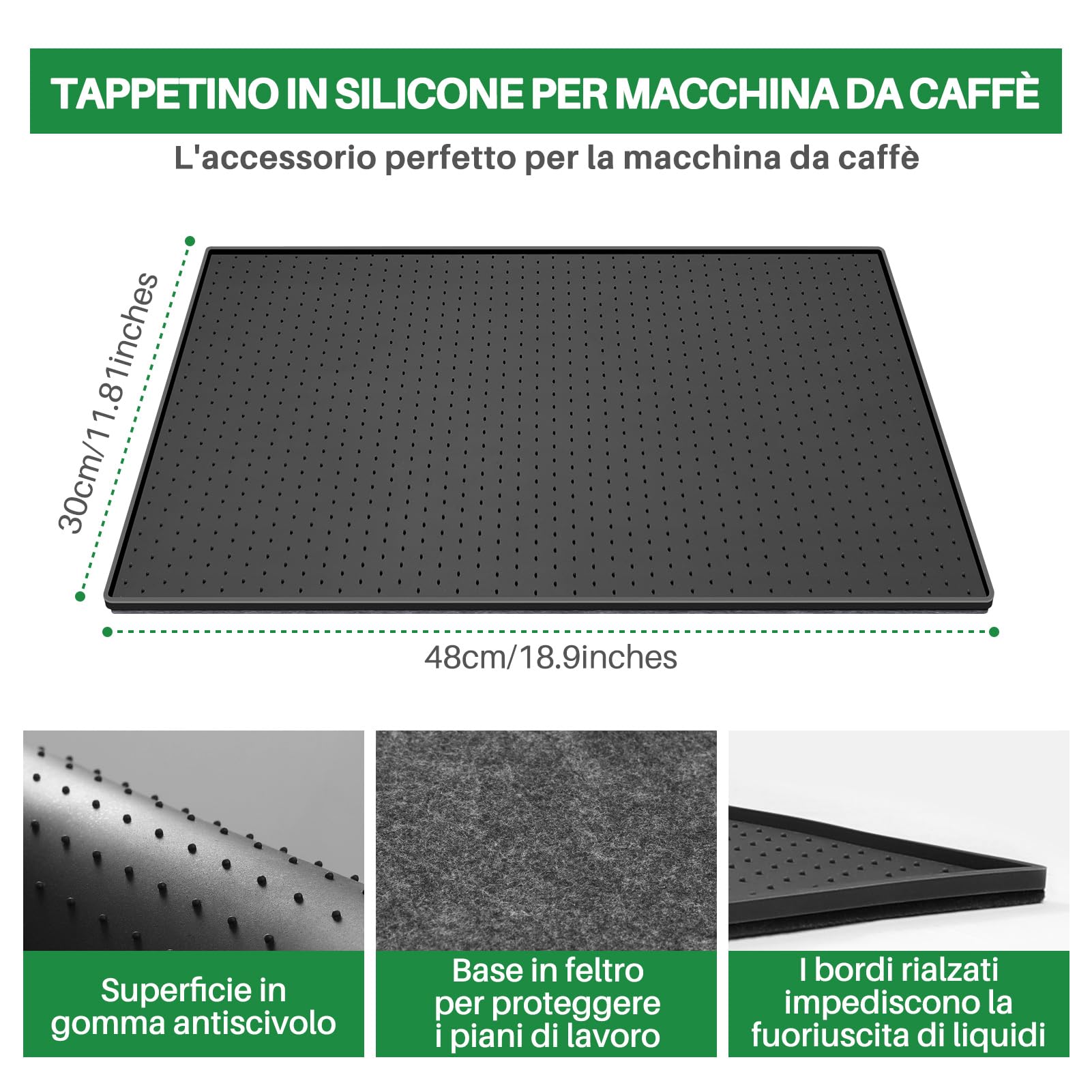 Tappetino per Macchina da Caffè, Tappetino in Silicone 48x30cm con Bordo Rialzato, Protezione Piano di Lavoro, Compatibile con De Longhi Magnifica, Philips LatteGo, Siemens EQ6 (Nero)