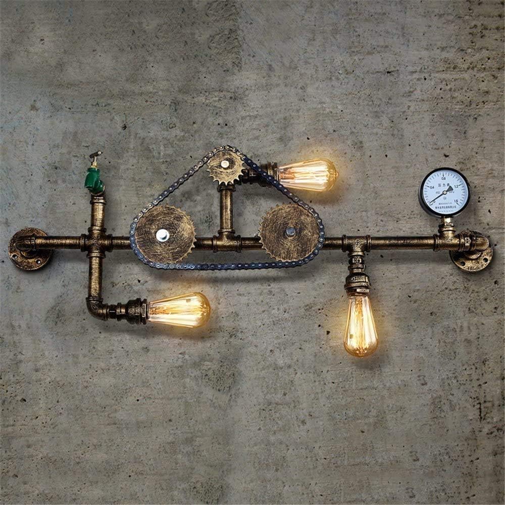 KWOKING Lighting 3 Lights Industrial Wall Sconce Water Pipe Wall Lamp Indoor Lighting Fixture with Gear Pressure Gauge and Tap Accent in Rustic Style for Restaurant Living Room Bedroom Bar
