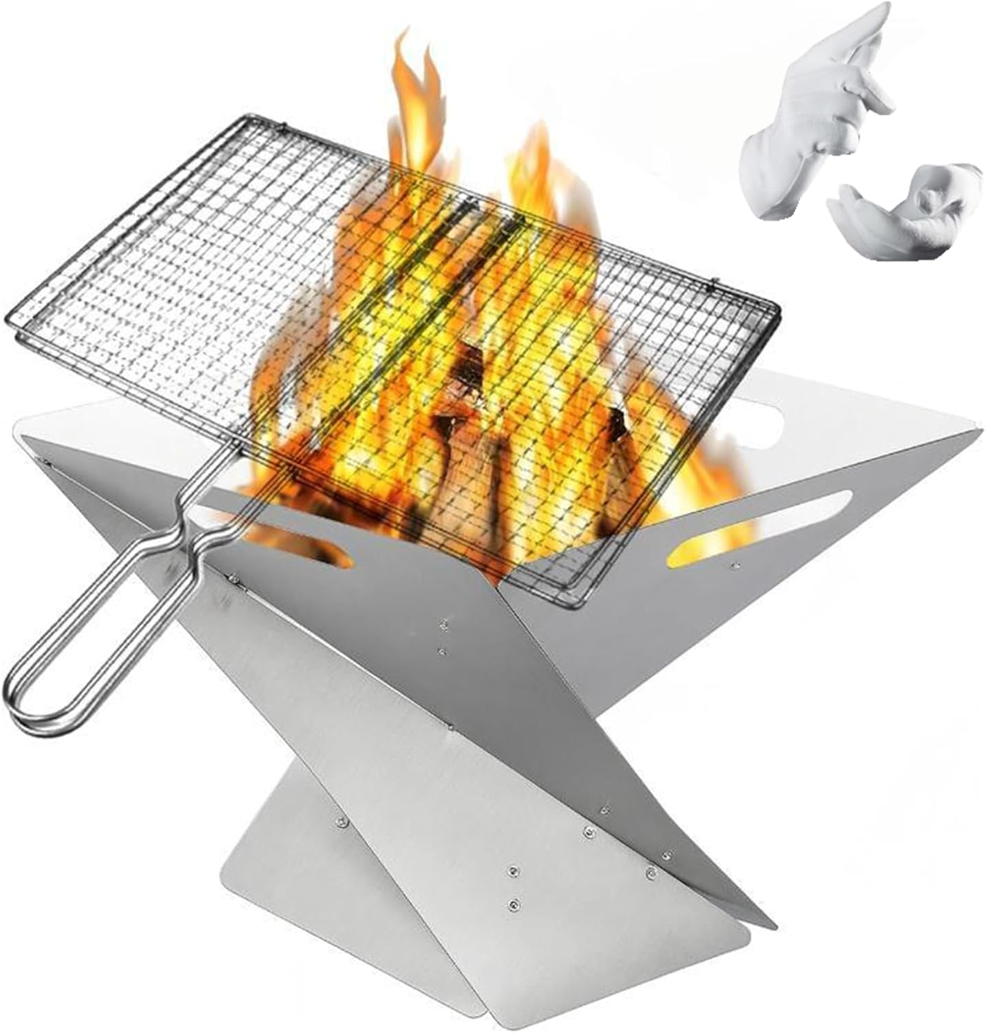 Foldable Portable Fire Pit - Stainless Steel Camping Fire Bowl with 304 Steel Grill Net & Heat-Resistant Gloves - Compact Bonfire Pit for Outdoor BBQ, Patio, Garden & Camping, 16.54 Inch