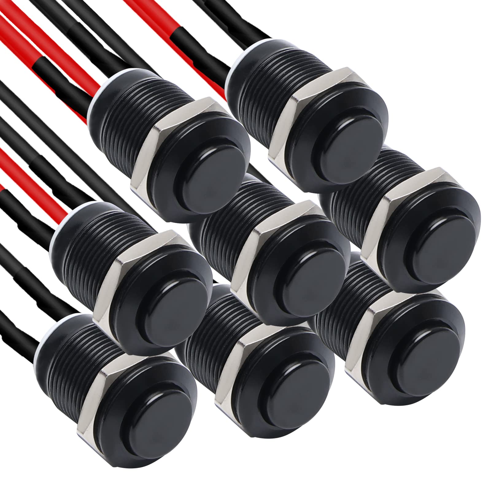 APIELE Momentary Push Button Switch 12mm 8PCS 1NO Black Aluminum Pre-Wired High Round Head 1 Normally Open (Aluminum)