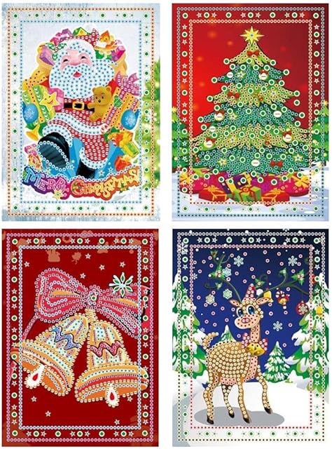 Yobeyi Diamond Painting Christmas Cards Christmas Tree Santa Claus Full Drill New Year Greeting Card Christmas Stickers Embroidery Cross Stitch Home Decor (4 Packs)