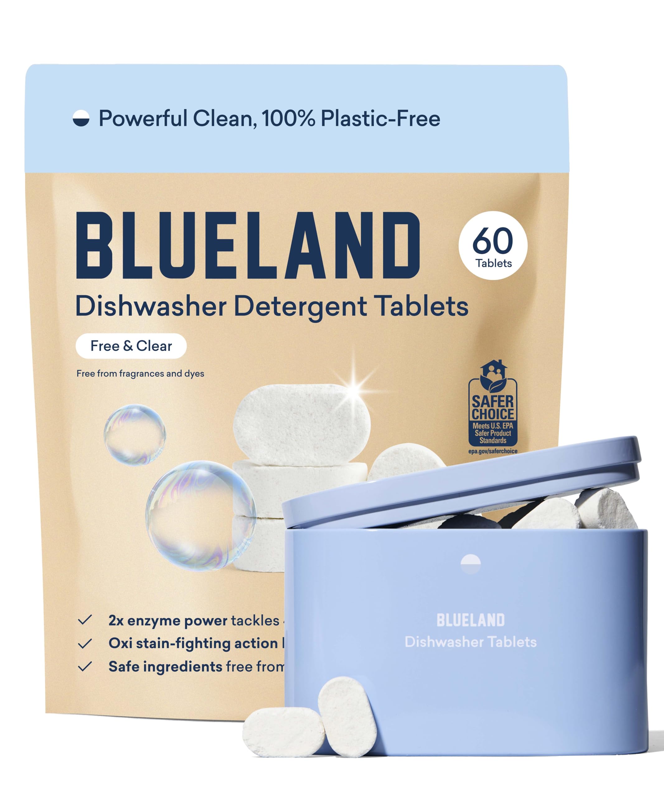 BLUELAND 100% Plastic-Free Dishwasher Detergent Tablets, Starter Set, 60 Count with tin, Free & Clear, Eco-Friendly Dishwashing Pods, Natural, USDA Certified biobased