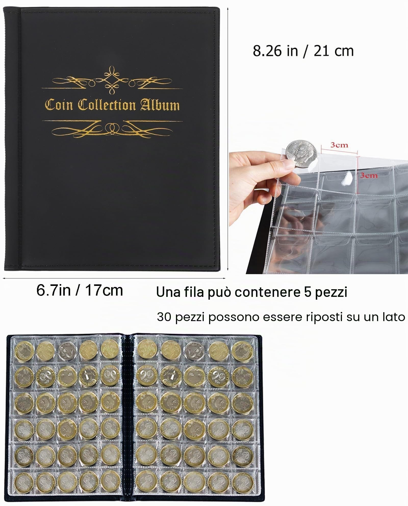 480 pezzi TascheRaccoglitoreMonete,Albumdimonete,Collezionedimonete,Pezzo da collezione di album, Album Della Collezione Di Monete,PerMonete Di Varie Dimensioni,Riporre Monete(Nero)