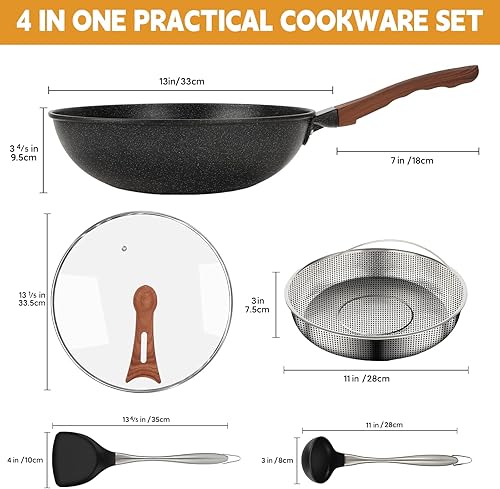 Miniatura 2 de AOSION Wok antiadherente de 13 pulgadas, wok y sartenes para freir, wok antiadherente con tapa y cesta de vapor, cucharón de espátula, 100% libre de