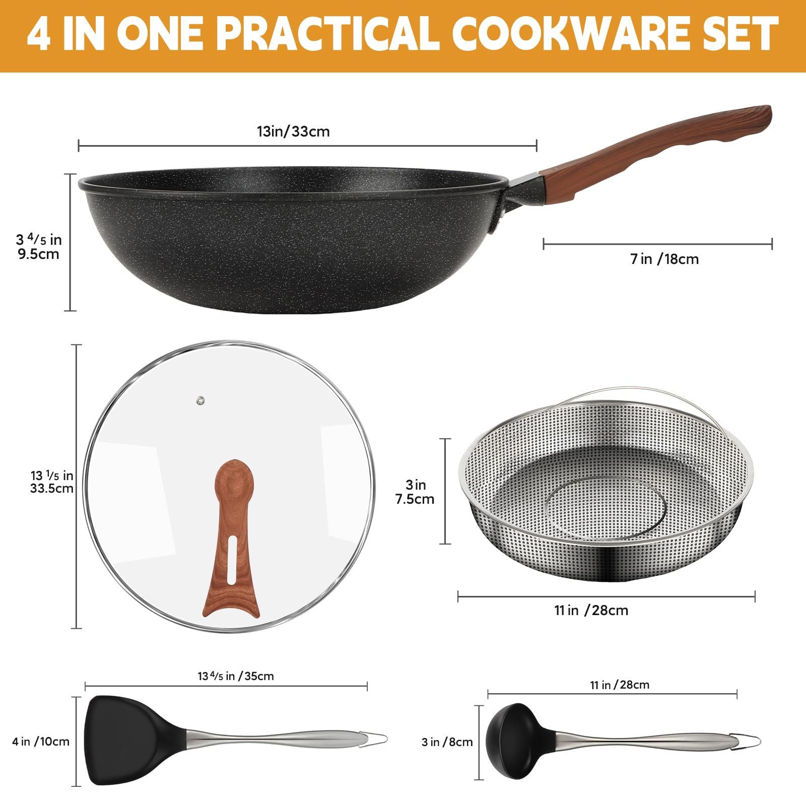 AOSION 13'' Nonstick Wok, Woks & Stir-Fry Pans Non Stick Wok with Lid and Steamer Basket Spatula Ladle, 100% PFOA Free Induction Wok Pan for Electric, Gas, Halogen, All Stoves
