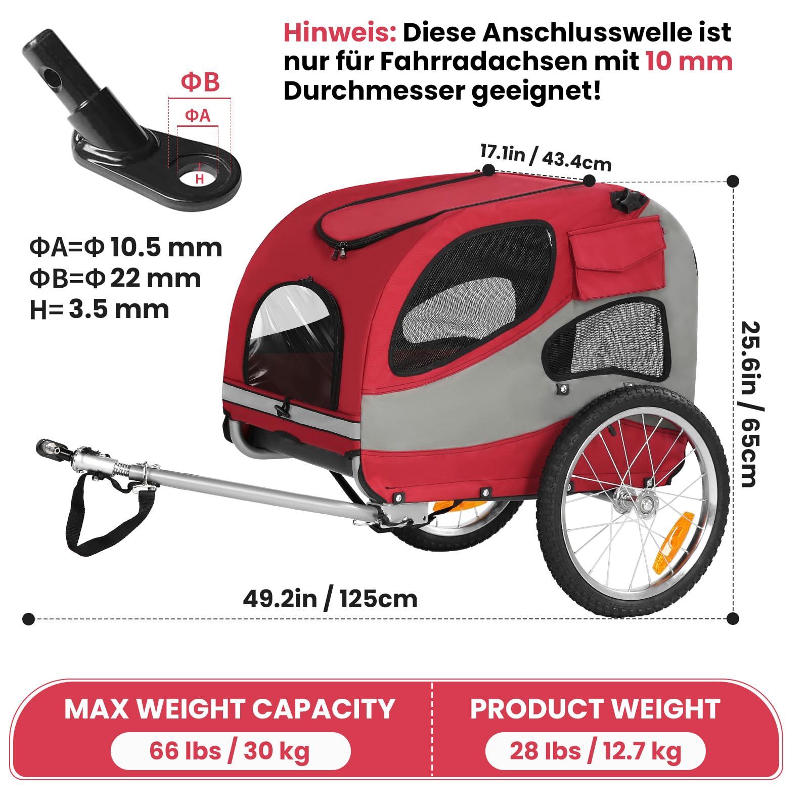 Remorque de vélo Pliable pour Chien avec réflecteurs de sécurité, Sac de Rangement, intérieur rembourré et laisses de sécurité, Transporteur pour Chien jusqu'à 30 kg