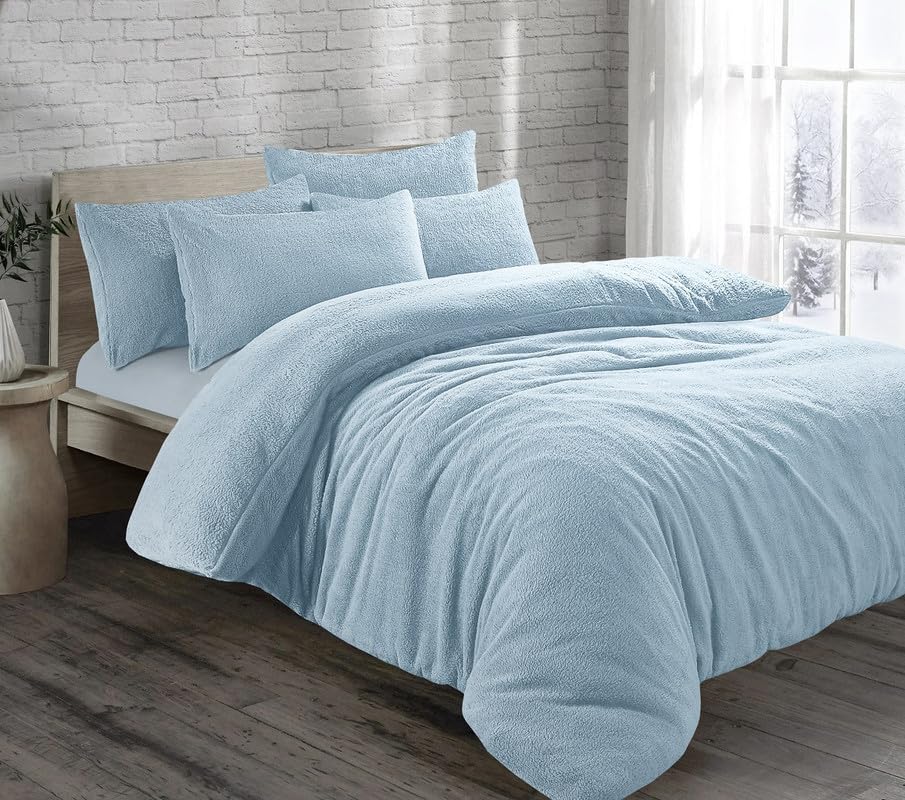 LSU Teddy Fleece Duvet Cover Super Soft Warm Bedding Set Single Double King Quilt Cover (sky blue, King)