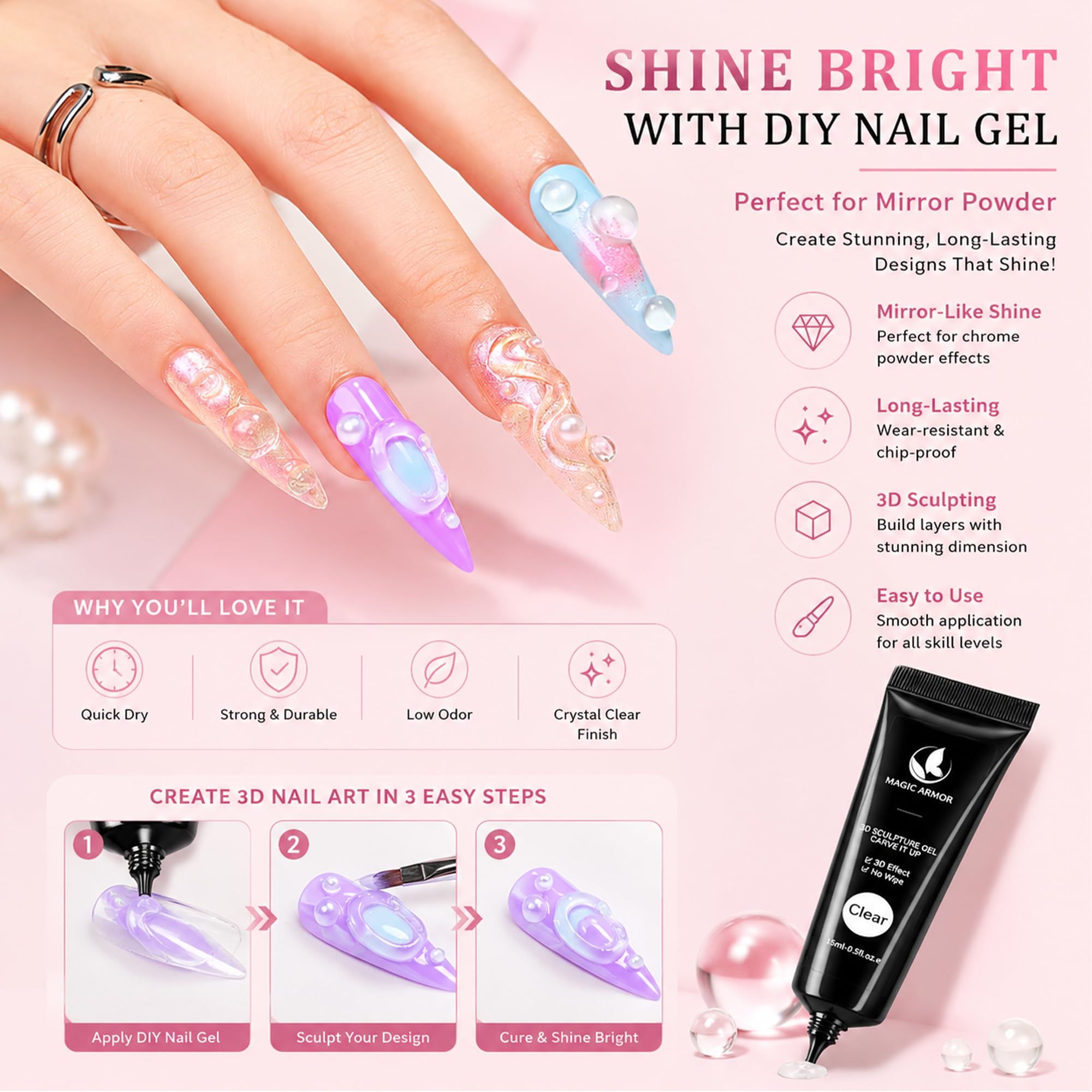 MAGIC ARMOR Żel do paznokci 3D – 15 g, żel budujący, przezroczysty, wielofunkcyjny, klej strasu, do 3D Nail Art Carving 3D Nail Sculpting Gel DIY do projektowania paznokci, rzeźbienia paznokci w domu