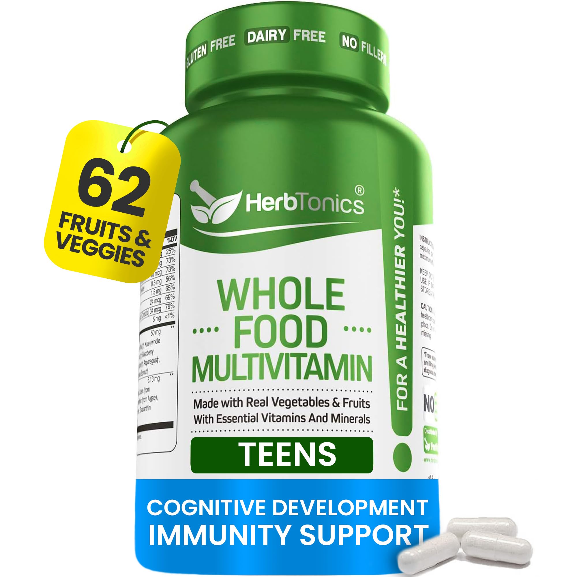 Herbtonics Whole Food Teen Multivitamin for Girls & Boys 12-17, 60 Capsules