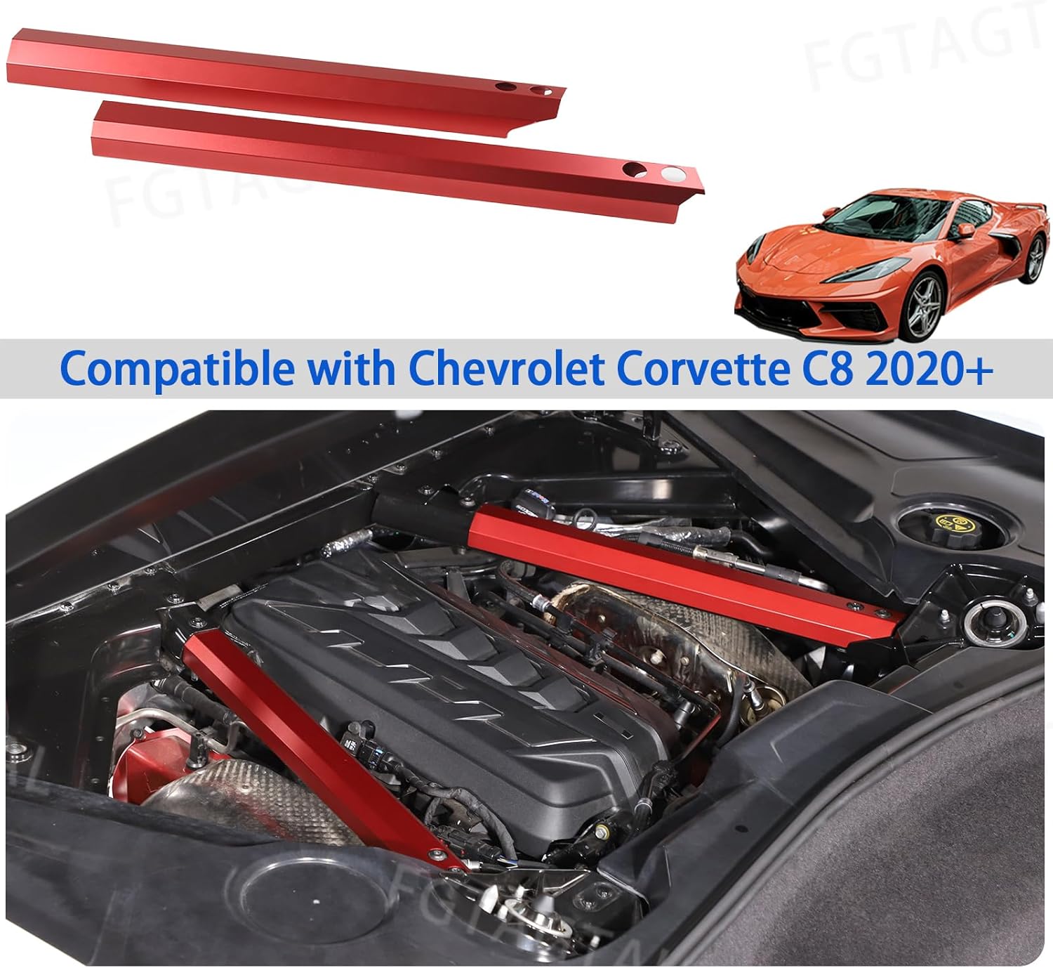 Engine Compartment Pull Bar Trim Strip Compatible with Chevrolet Corvette C8 2020-2024, Aluminum Engine Bay Strut Bar Trim Cover Accessories, 2PCS (Red)