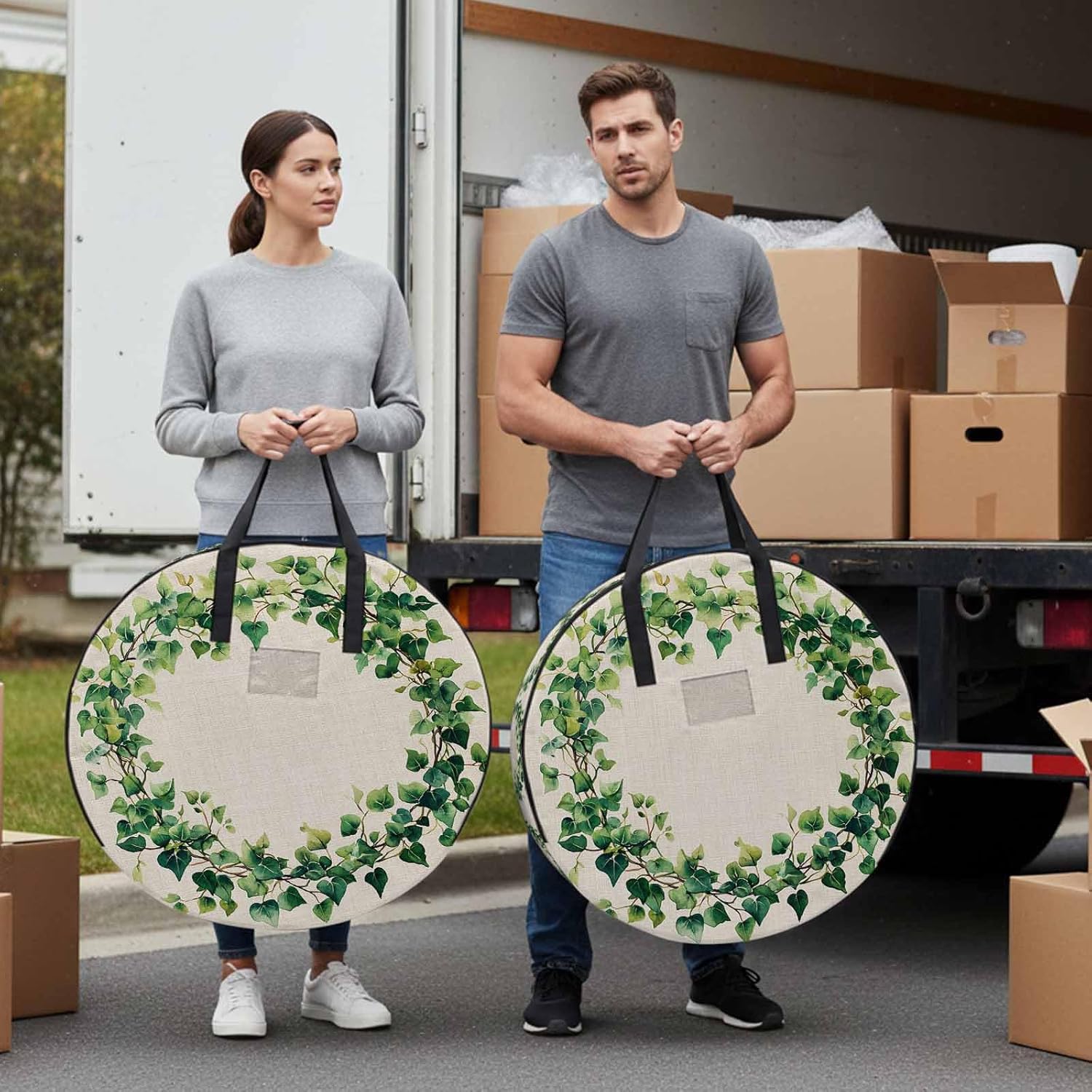 Spring Plant Round Storage Bag 36 Inch, Green Circle Flowers Linen Texture Clothes Storage Container with Handles Heavy Duty Organizer for Comforter, Bedding & Holiday Wreaths