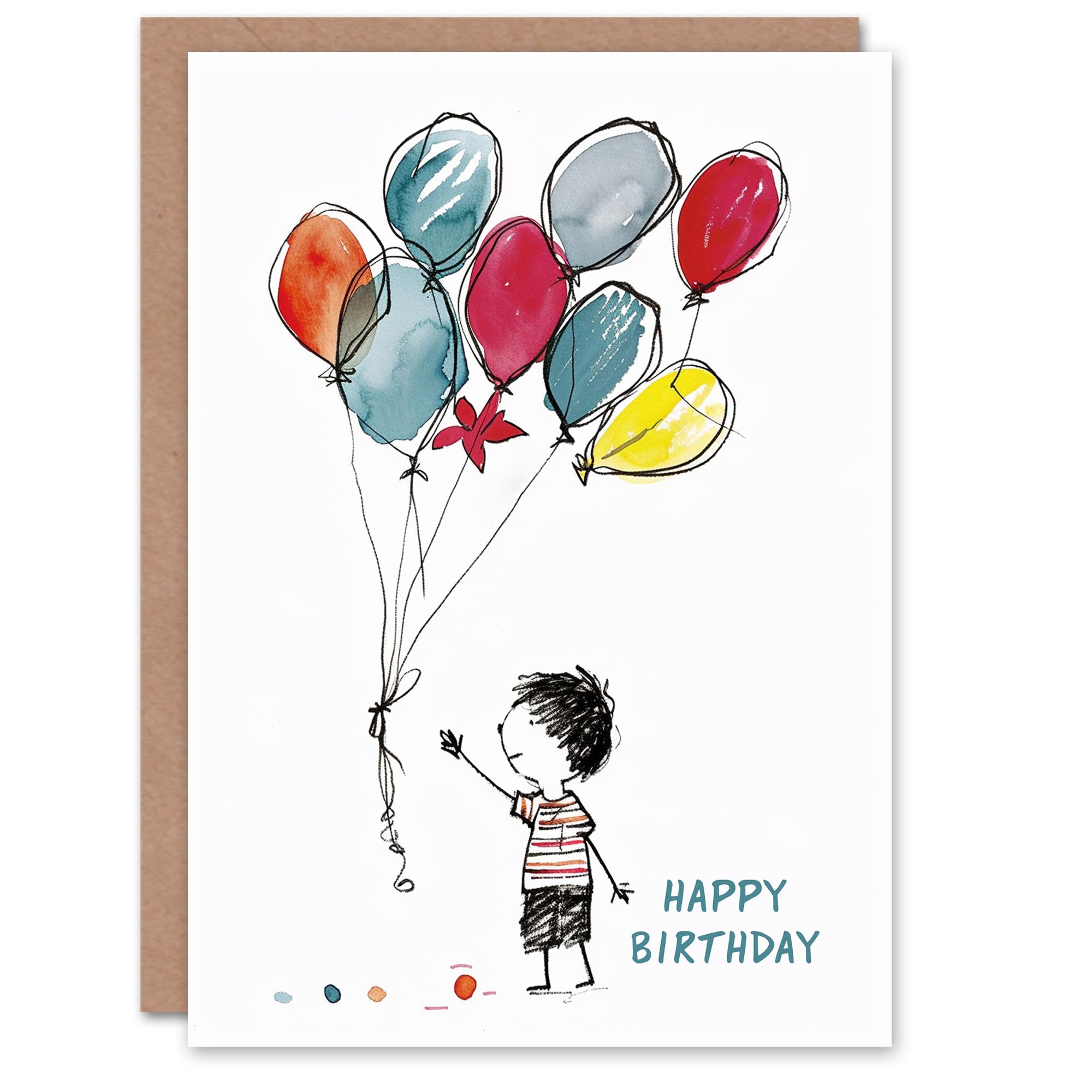 Artery8 Birthday Card Boy with Balloons Simple Bright Drawing For Child Kids Son Daughter Greeting Card