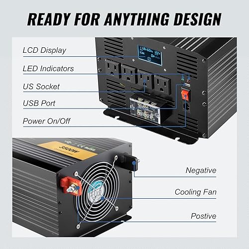 Miniatura 25 de VEVOR Inversor de onda sinusoidal pura de 2500 W, inversor de automóvil de 12 V CC a 120 V CA, 3 salidas de CA, puerto USB, pantalla LCD, control