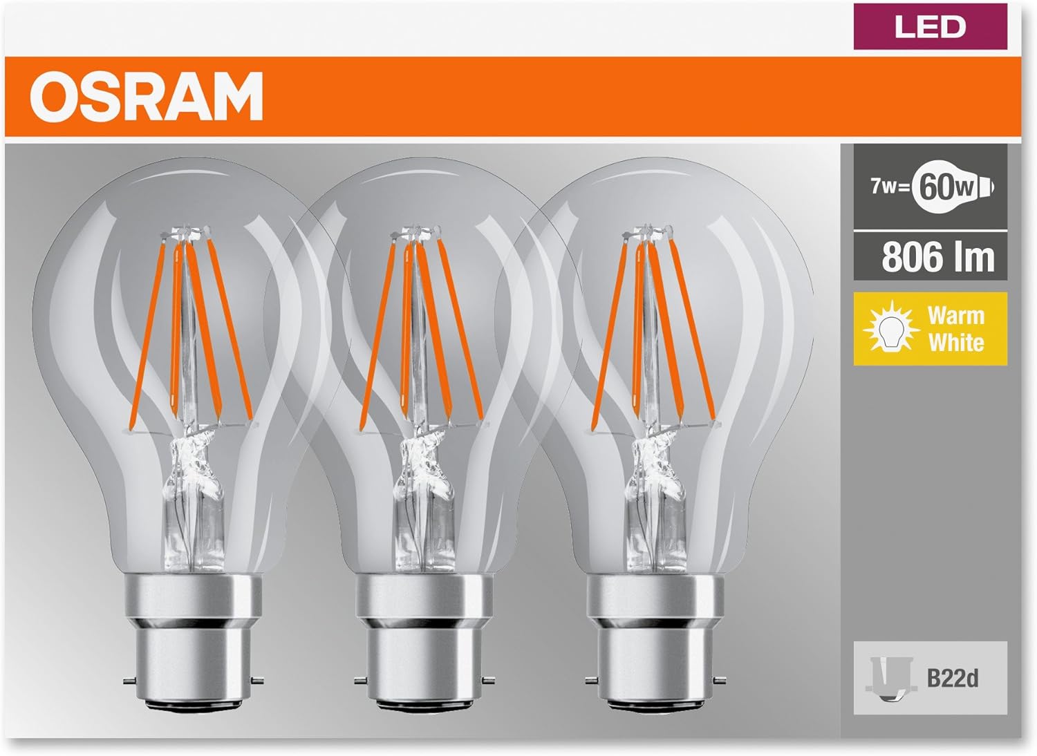 Osram Bulb Shape Base Classic A Led Lamp, Glass, Warm White, B22D, 7 W, Set Of 3