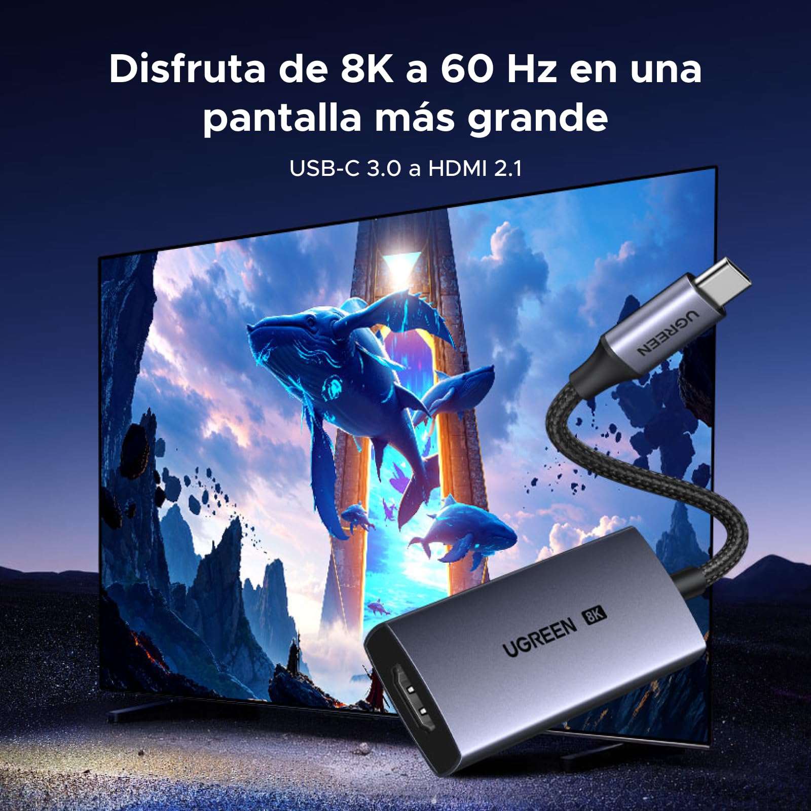 UGREEN Adaptador USB C a HDMI Hembra 8K 60Hz 48 Gbps Compatible con iPhone 17 Pro MAX Air iPhone 16 Plus Pro MAX MacBook M4 M3 iPad Air Galaxy S25 S24 Ultra Cable Tipo C a HDMI 2.1 Thunderbolt 4 3