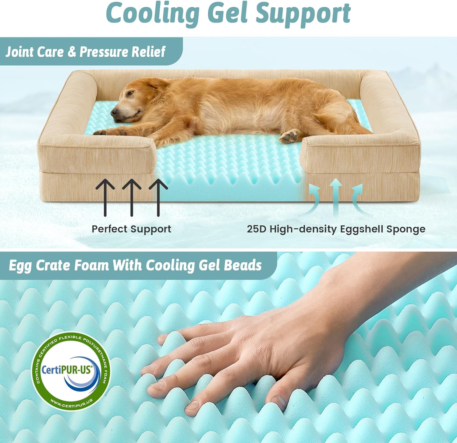 COZY KISS Cooling Dog Bed for Extra Large Dogs, Q-Max >0.4 Summer Cool Orthopedic Foam Pet Sofa Bed with Sides, Bolster Anti-Slip Couch with Washable Removable Cover, XXL 48x35x7.5 inch, Beige
