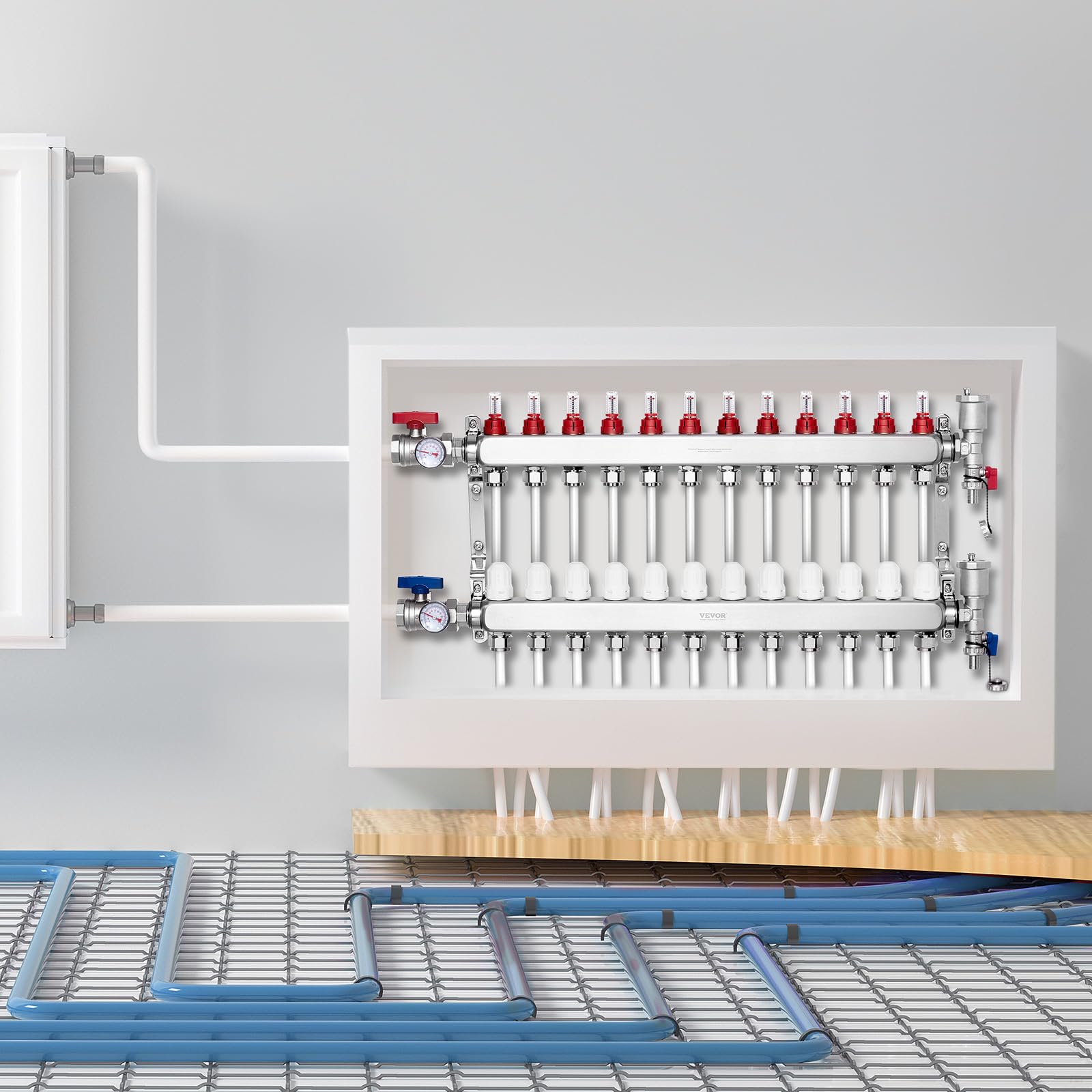 VEVOR Colector de Calor Radiante de 12 Derivaciones, Colector de Tubería PEX de Acero Inoxidable SUS304 para Calefacción por Suelo Radiante Hidrónico, con Adaptadores, 780 x 370 x 110 mm, 0-5 L/min