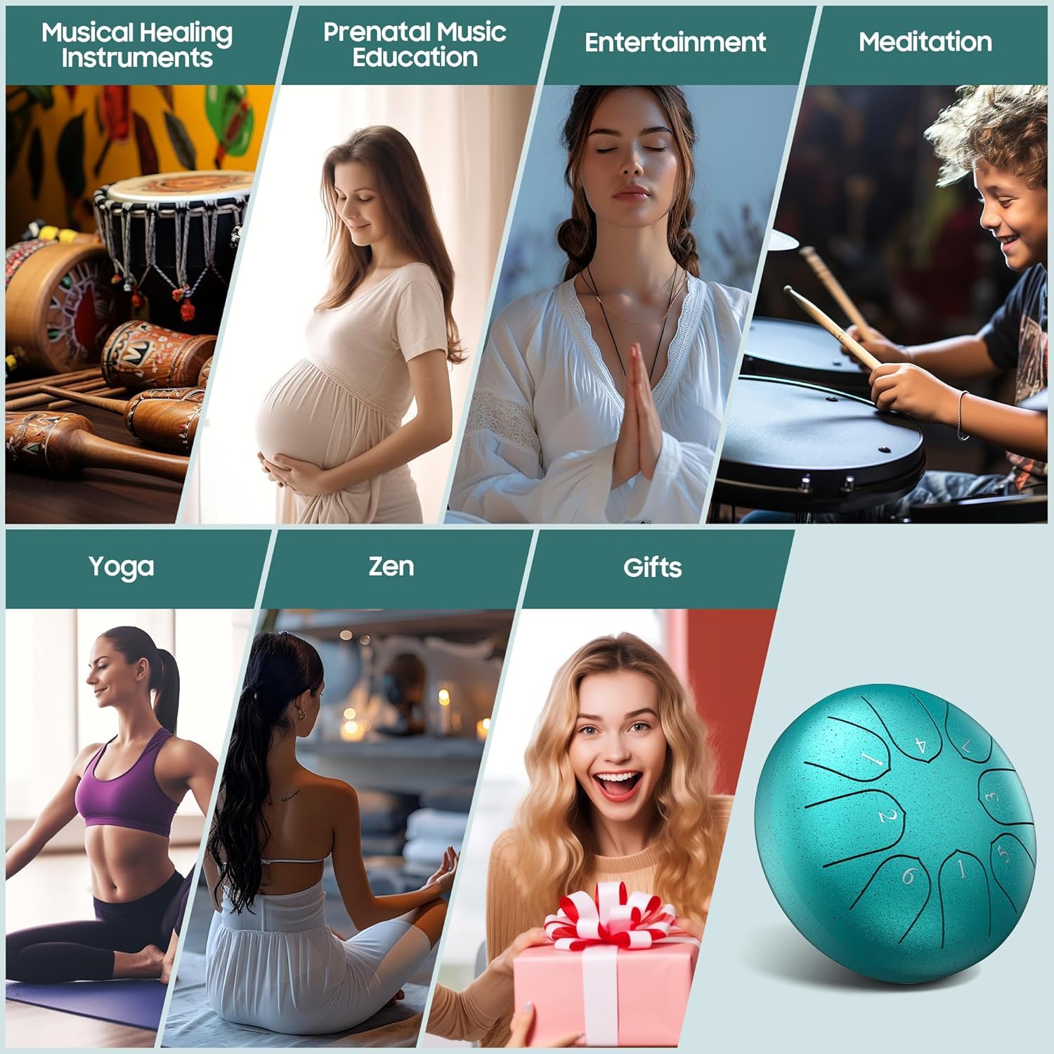 NOPWOK Tamburo a Lingua in Acciaio 8-Toni 15,2 cm Chakra Tank Trommel, Strumento di Guarigione Musicale, Educazione Prenatale, Intrattenimento, Meditazione, Yoga, Zen, Regalo (Turchese)