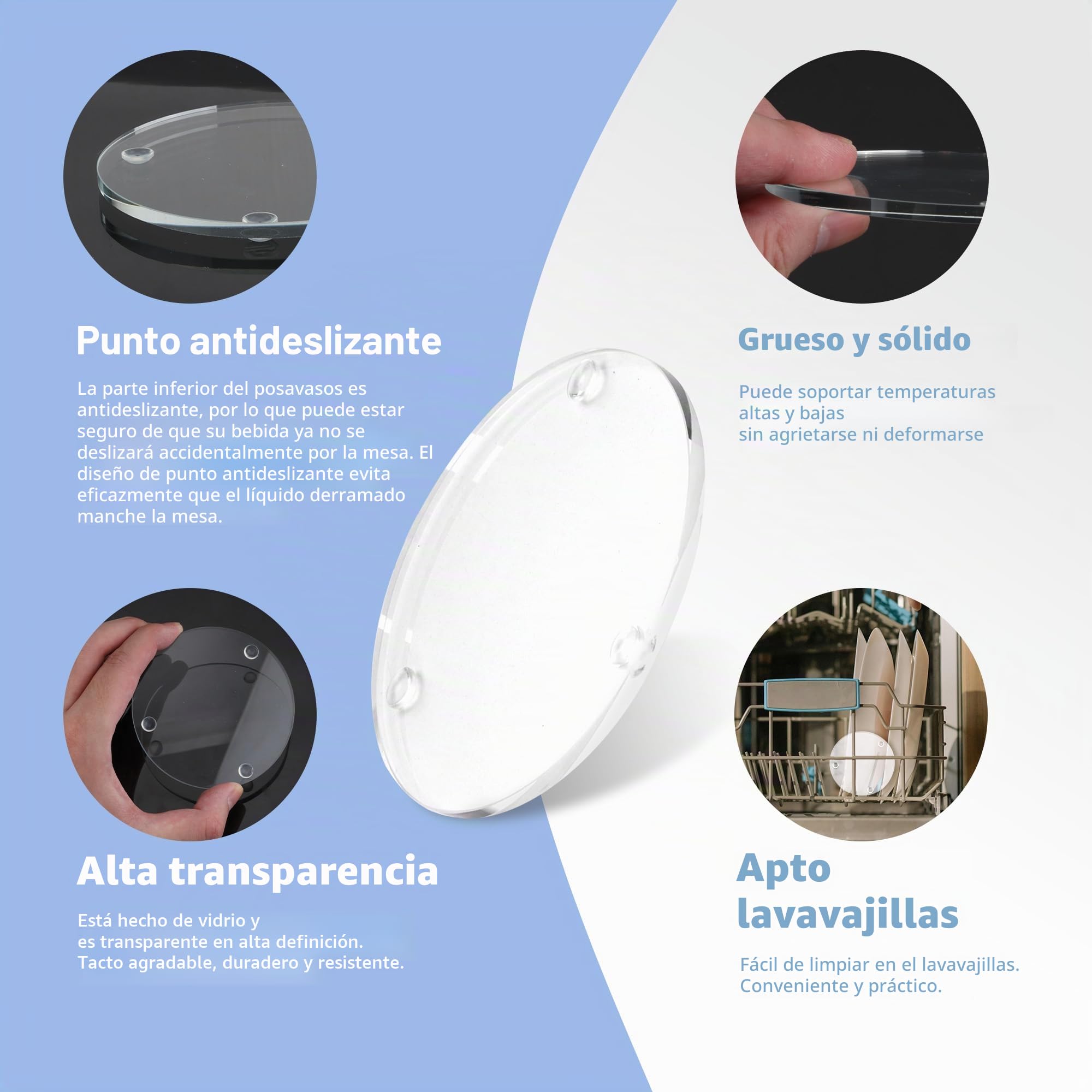 12 posavasos de vidrio para beber, posavasos redondos transparentes de 3.5 pulgadas, posavasos de cristal antideslizantes para mesa, tazas, tazas, oficina, hogar, fiestas