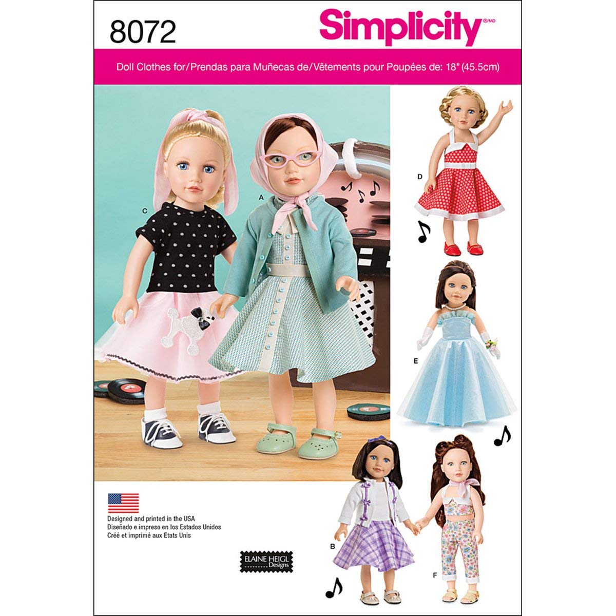 Simplicity 8072 Vintage Fashion Doll Clothes Sewing Patterns for 18" Dolls