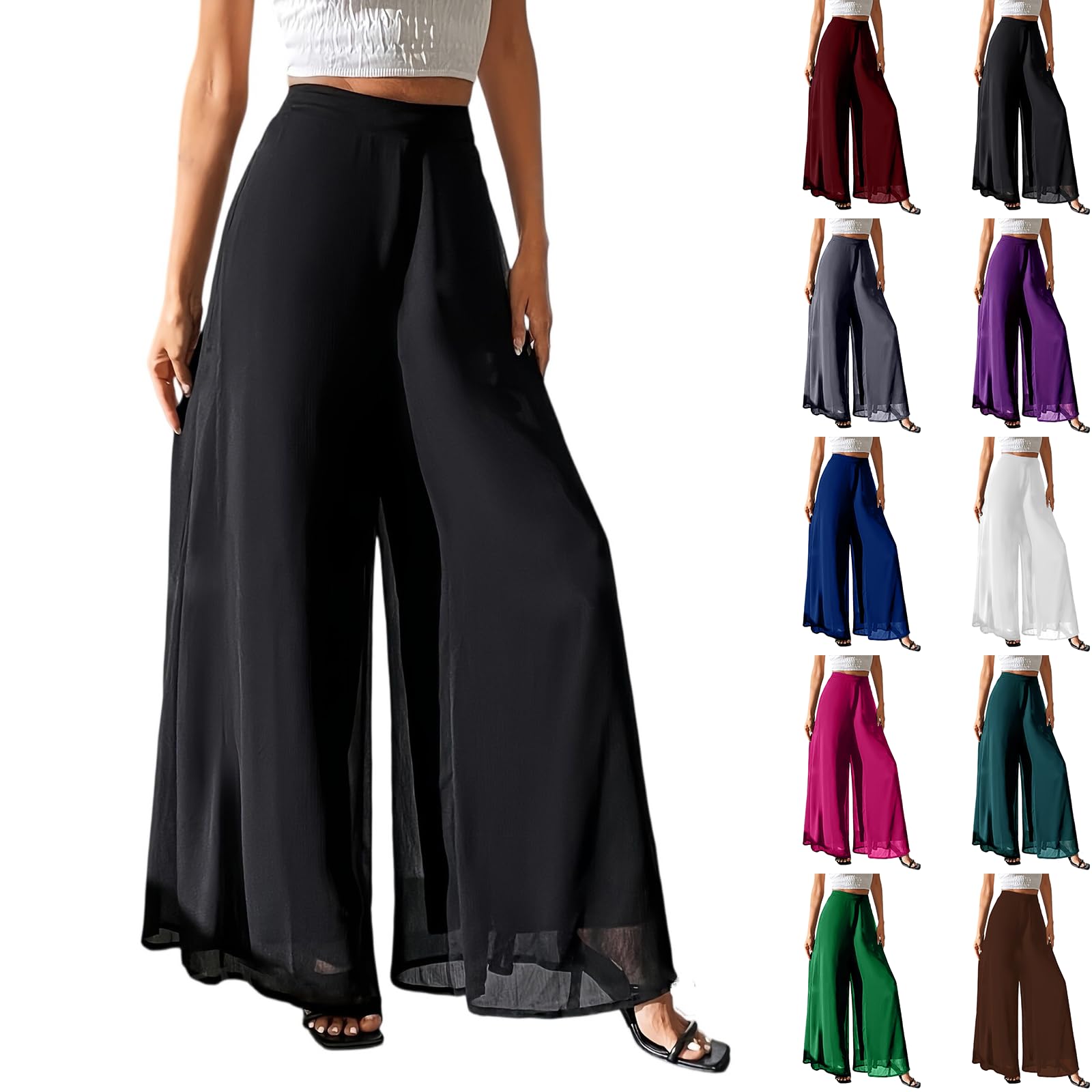 Wide Leg Palazzo Pants for Women Dressy Casual Chiffon High Waisted Trousers with Pockets Comfy Lounge Pants