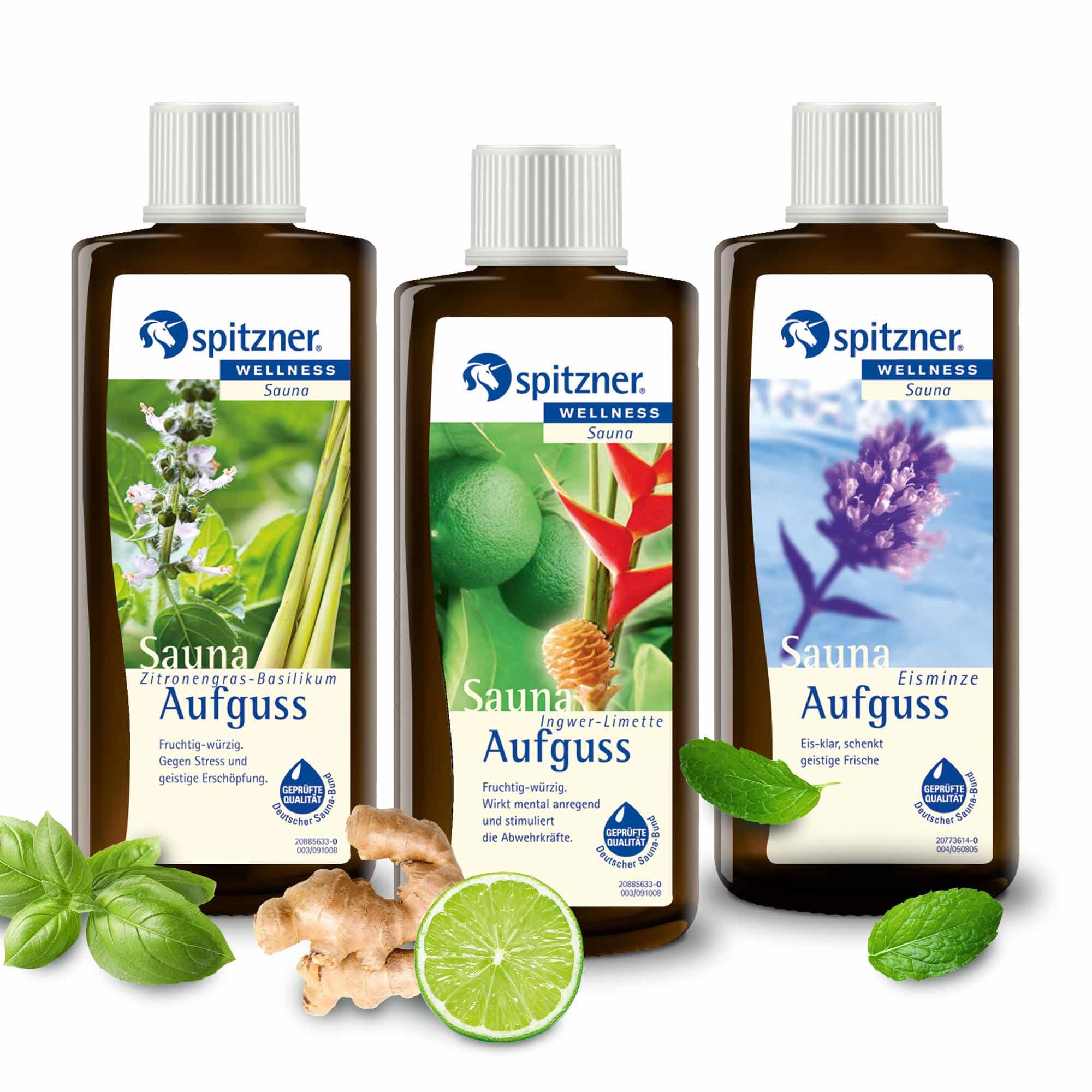esencias sabroso para saunas: „Hierba limón-Albahaca“ / „Jengibre-Lima“ / „Menta helada“ (3x190 ml) de Spitzner