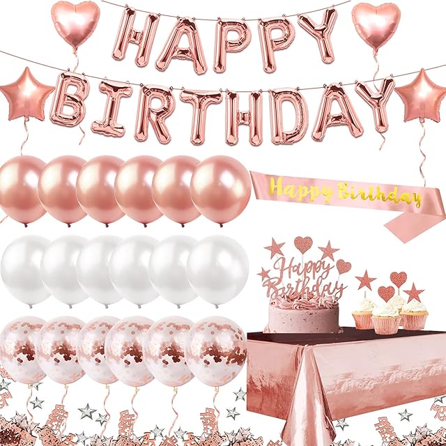 iZoeL Rose Gold Birthday Party Decoration, Happy Birthday Banner, Rose Gold Foil Tablecloth, Birthday Sash, Heart Star Foil Confetti Balloons 11pcs Cake Toppers 10g Table Confetti for Girls Women