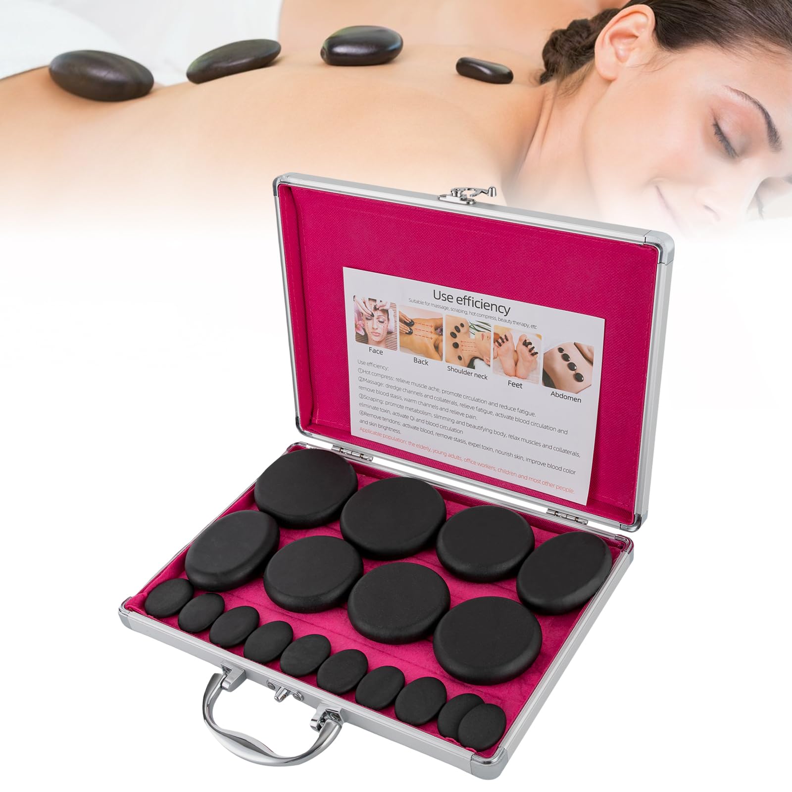 DMSIDN Hot Stones Massage Set with Heater Box, 16 Essential Massage Stones Portable for Salon and Home Spa Use, Relaxing, Healing, Pain Relief, Relax