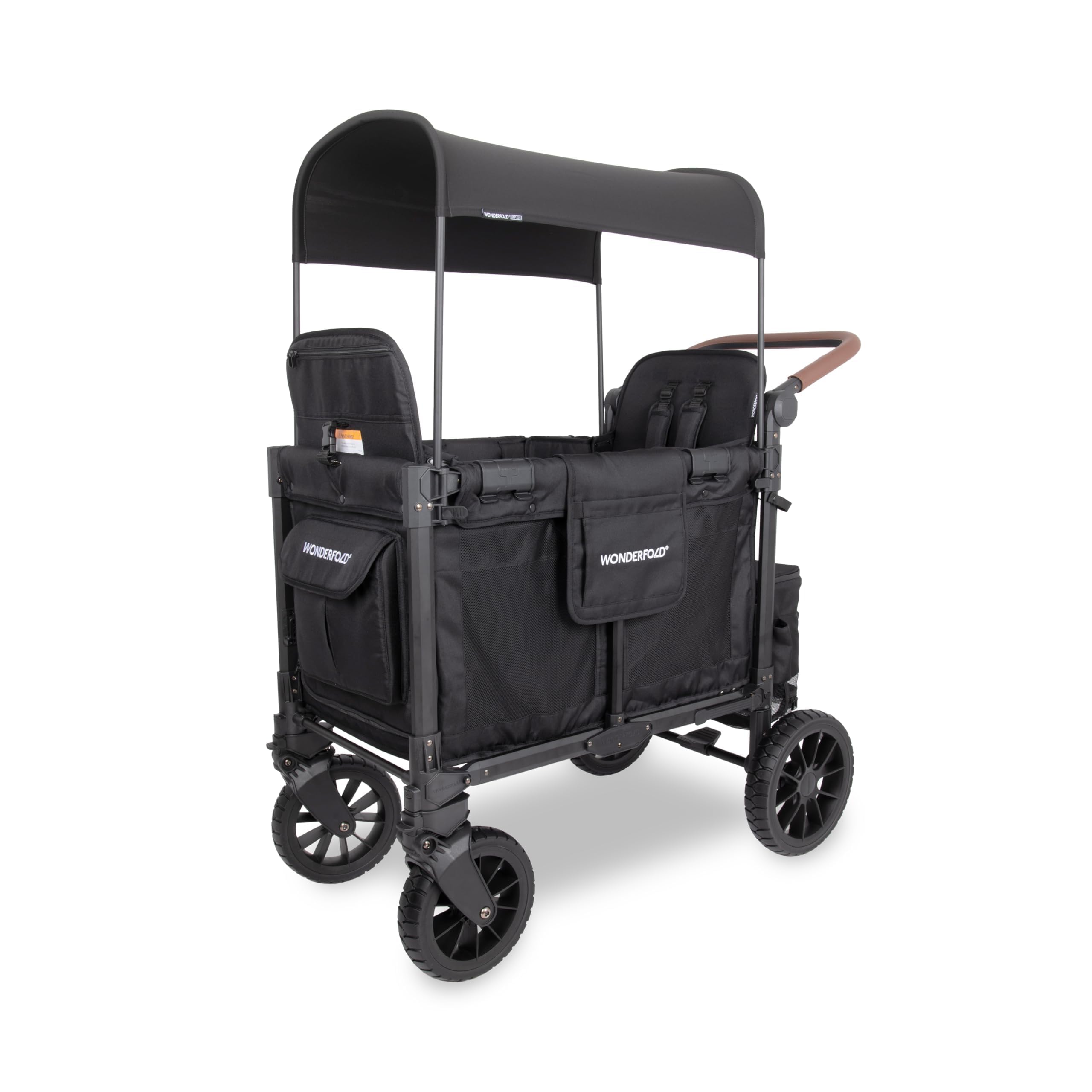WONDERFOLD W2 Luxe Pro Stroller Wagon (2 Seater) - Collapsible Wagon Stroller with Seats Featuring 5-Point Safety Harnesses and Adjustable Sun Canopy, Jet Black