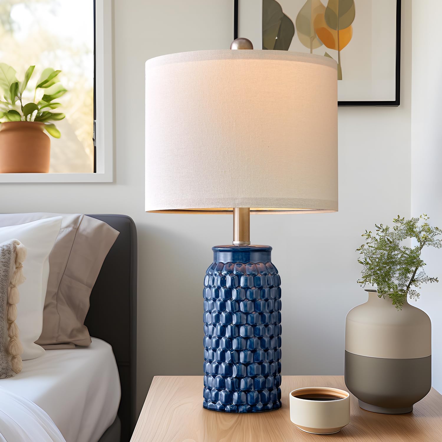 USumkky Lampada da comodino moderna in ceramica da 50,8 cm, blu scuro, set di 2 per la decorazione della camera da letto, lampada da tavolo per soggiorno, ufficio, dormitorio