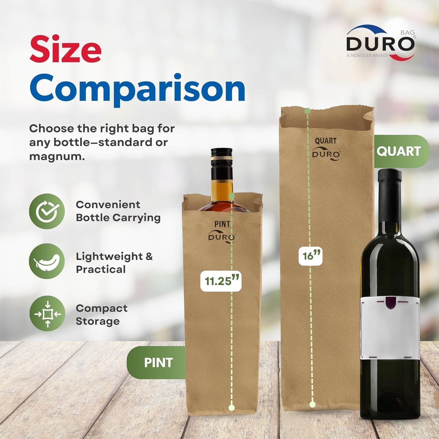 Duro 40036 Quart Brown Kraft Wine Bottle Bags, 4.25 x 2.5 x 16 In, 500 Ct | Fits 750 mL Bottles, 35# Paper, Plain Surface Accepts Labels and Stamps, Pinch Bottom, For Retail Display and Event Packaging