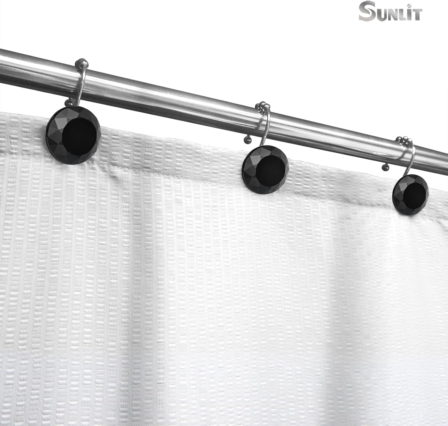 Sunlit Luxury Design Round Black Diamond Crystal Gem Bling with Glide Balls Shower Curtain Hooks, Rust Proof Metal Rhinestones Glam Shower Curtain Rings-12 Pack