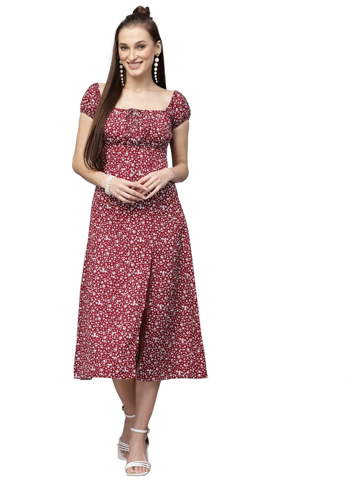 aayu Printed A-LINE Puff Sleeves Slit Dress for Women-picture-13