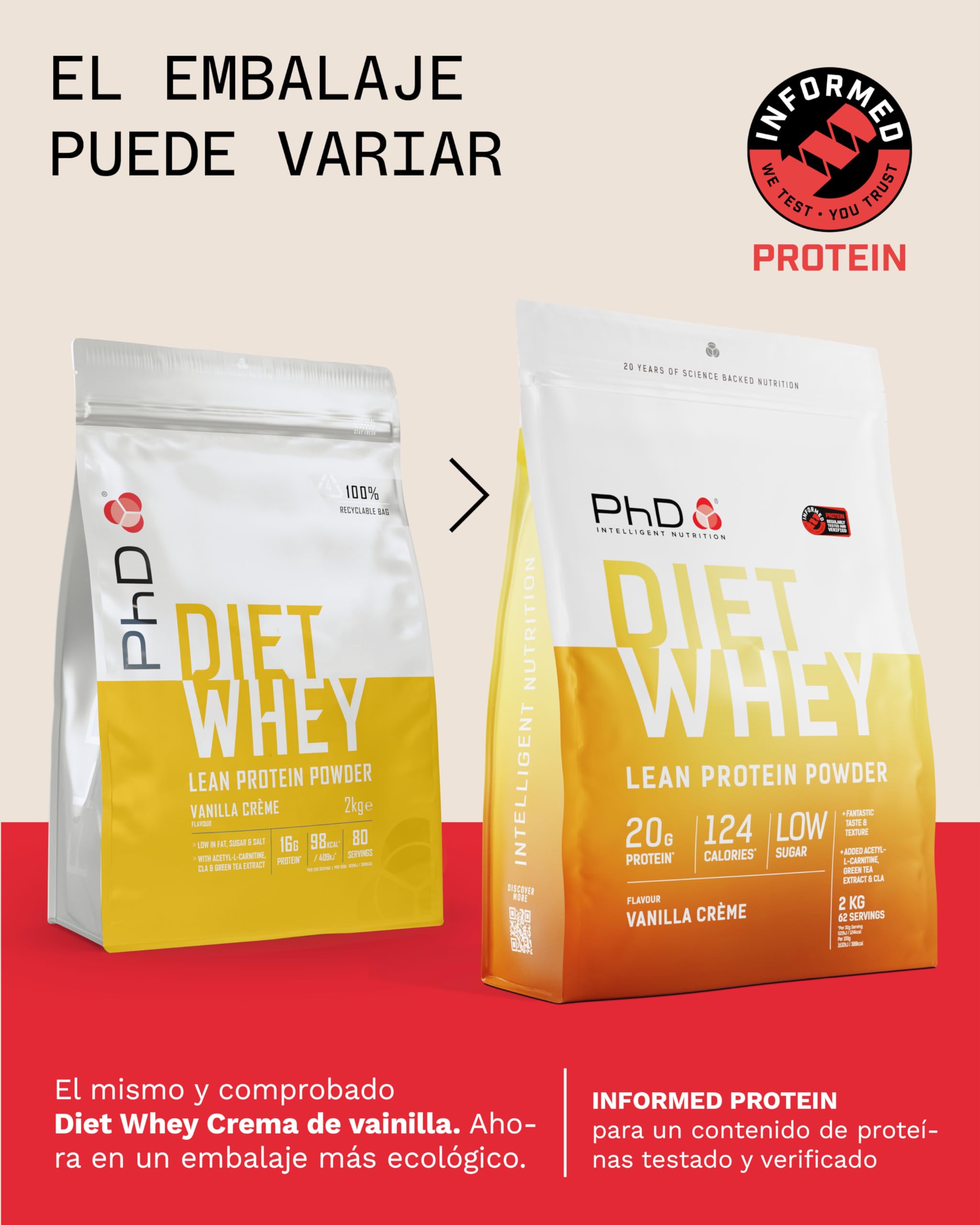 PhD Nutrition Diet Whey Protein en polvo 2kg Crema de vainilla, Proteína en polvo baja en calorías para complementar la dieta con 16g de proteína por ración