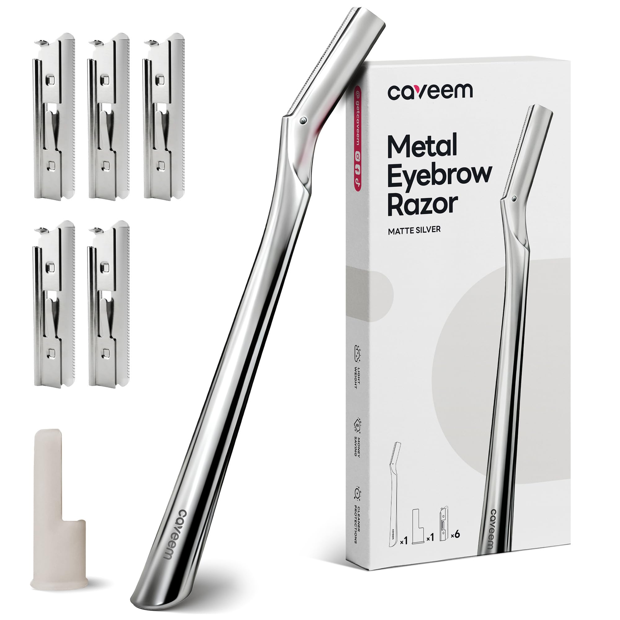CAVEEM Rasoir Sourcil, Rasoir Visage Métal pour Femme et Homme, Dermaplaning Visage, Éliminer Duvet et Peaux Mortes, Lames Inox 6 Recharges, Argent Mat