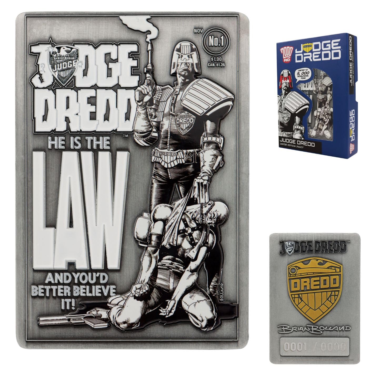 Fanattik Metallic Judge Dredd Comic Book Cover Ingot – 2000 Ad Limited Edition 5,000 Metal Collectible With Antique Uv Print & Gold Coloured Badge