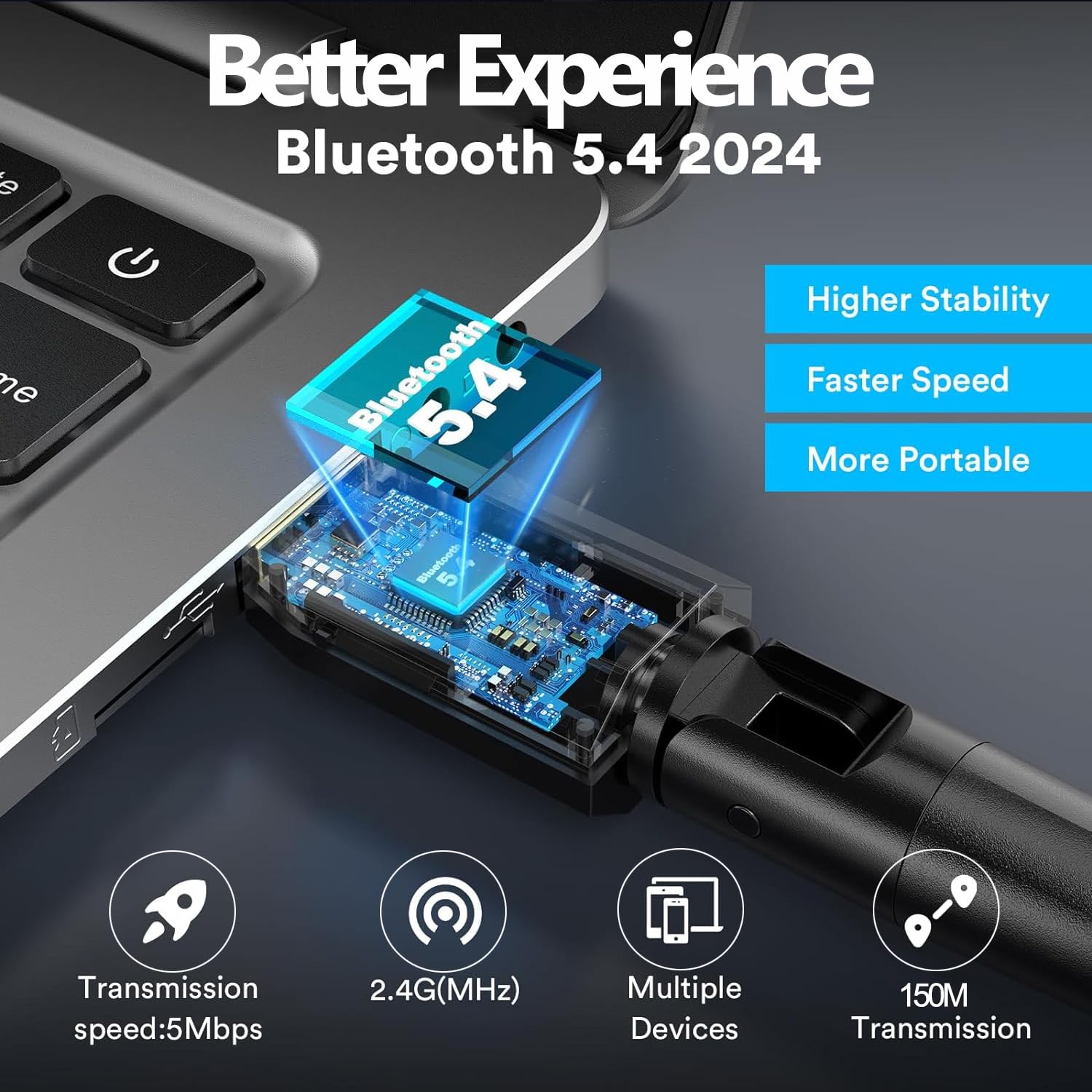 Yiko Adattatore Bluetooth USB 5.4, Dongle Bluetooth 150M a Bassa Latenza, Plug & Play, per Windows 7/10/8.1/11
