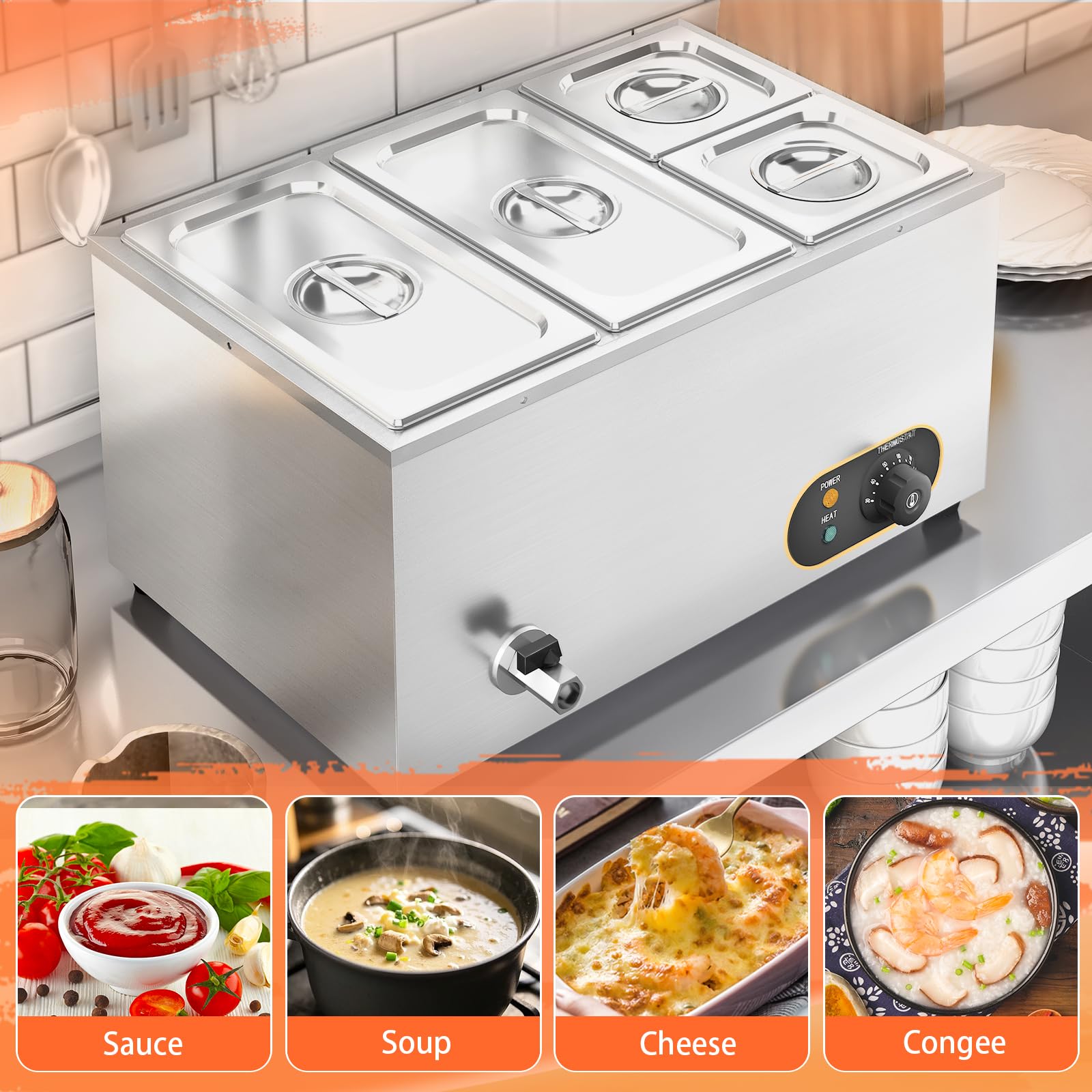 Baño María Eléctrico con 4 bandejas de Acero Inoxidable Bain Marie con Control de Temperatura