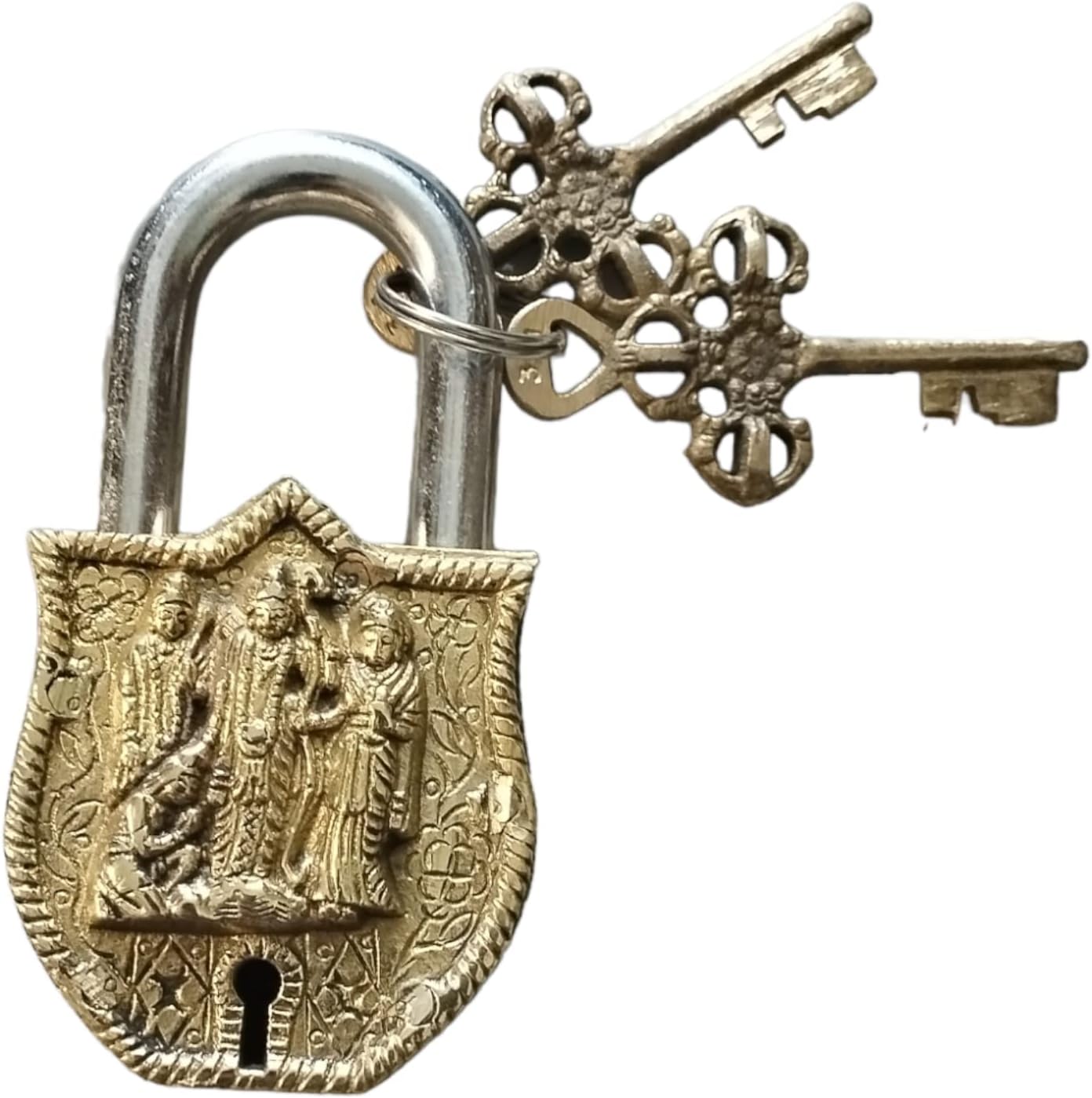 Ram Parivar Style Brass Lock Padlock, Handmade Antique Design, Unique Collectible Combination of Style & Security with 2 Keys